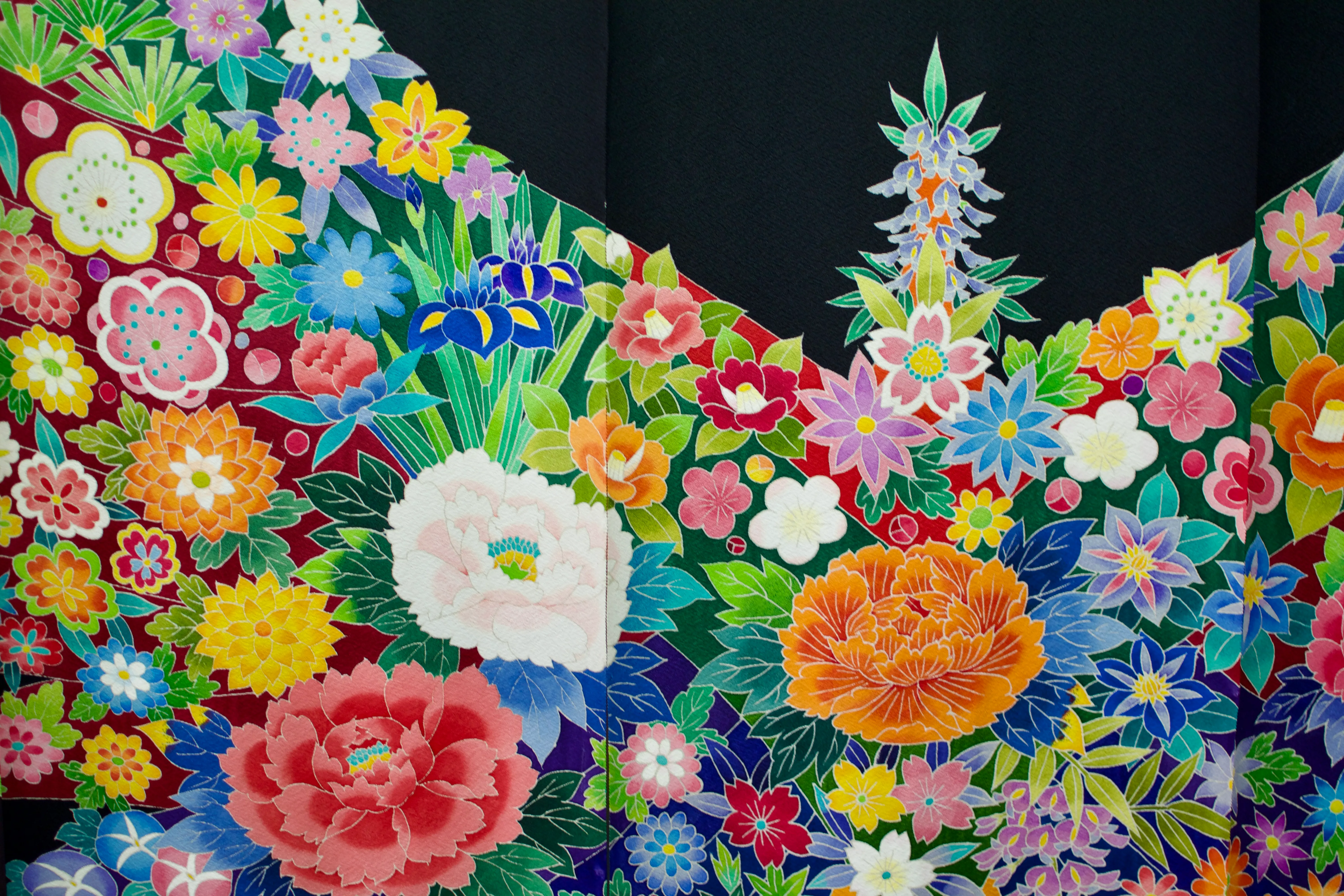 A kimono with a pattern of many flowers arranged in the shape of a bird with outstretched wings