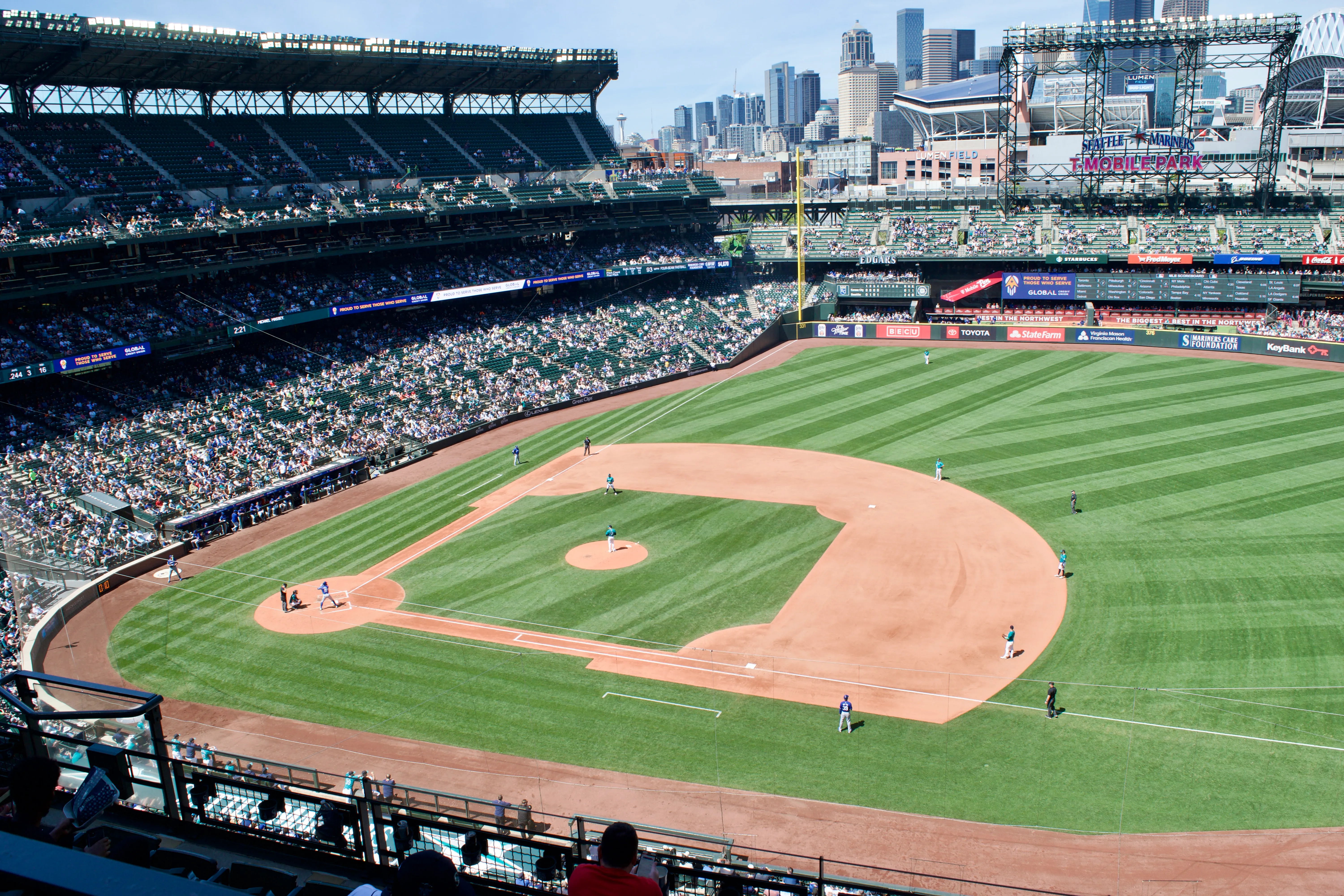A top-down view of the baseball diamond from the stadium’s upper level above first base