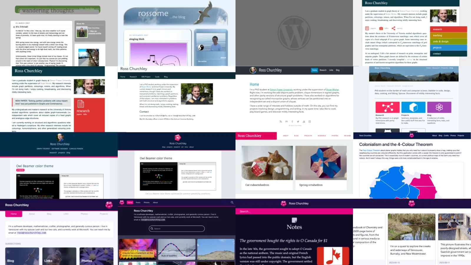 A 4-by-4 grid of screenshots of previous versions of this website.