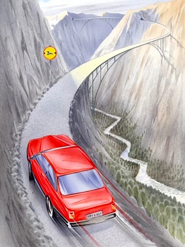 An illustration of a car speeding along a road high in the mountains. The road is narrow, the width of a single lane, with a cliff face on one side and a sheer drop on the other. The road continues over the ravine and into the distant mountains across similarly narrow truss arch bridges with no rails.