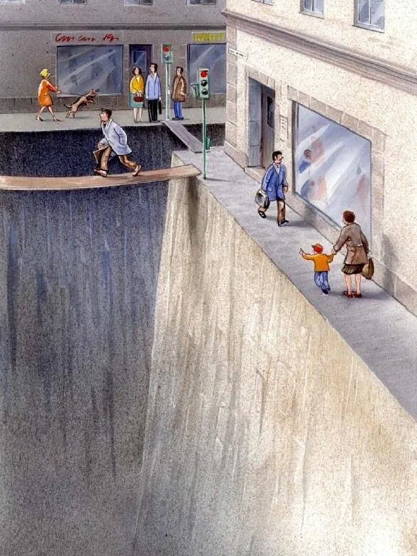 The full illustration of a city block with bottomless pits for streets. The pedestrians on the narrow sidewalks are acting normally, oblivious to the apparent danger of the situation. A businessman walks confidently across a small, bowed plank across the chasm. The illustration is much taller than it is wide, with the people concentrated in the upper half, drawing focus to the height of the chasm.
