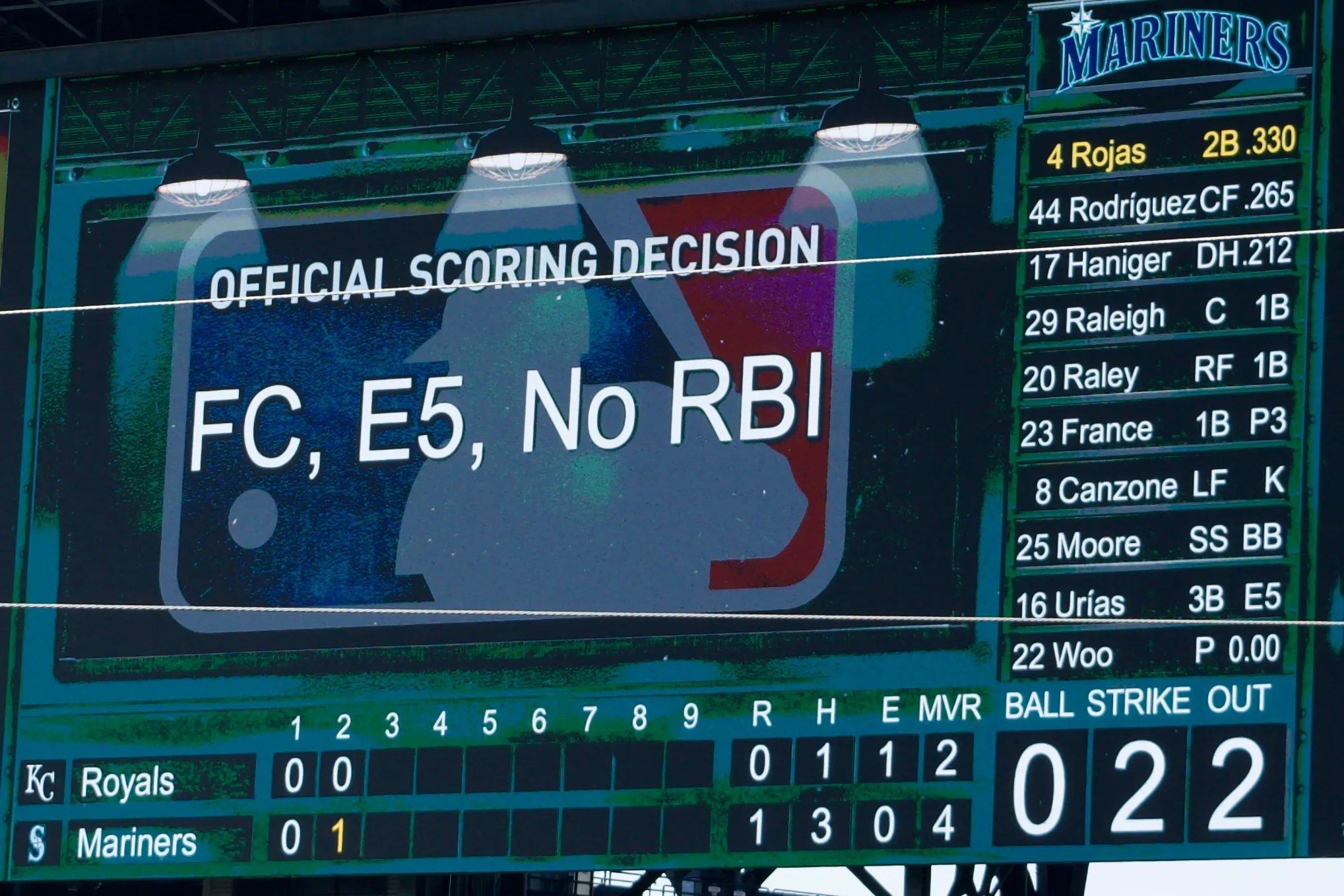 The jumbotron at T-Mobile Park cryptically announces an official scoring decision: FC, E5, No RBI