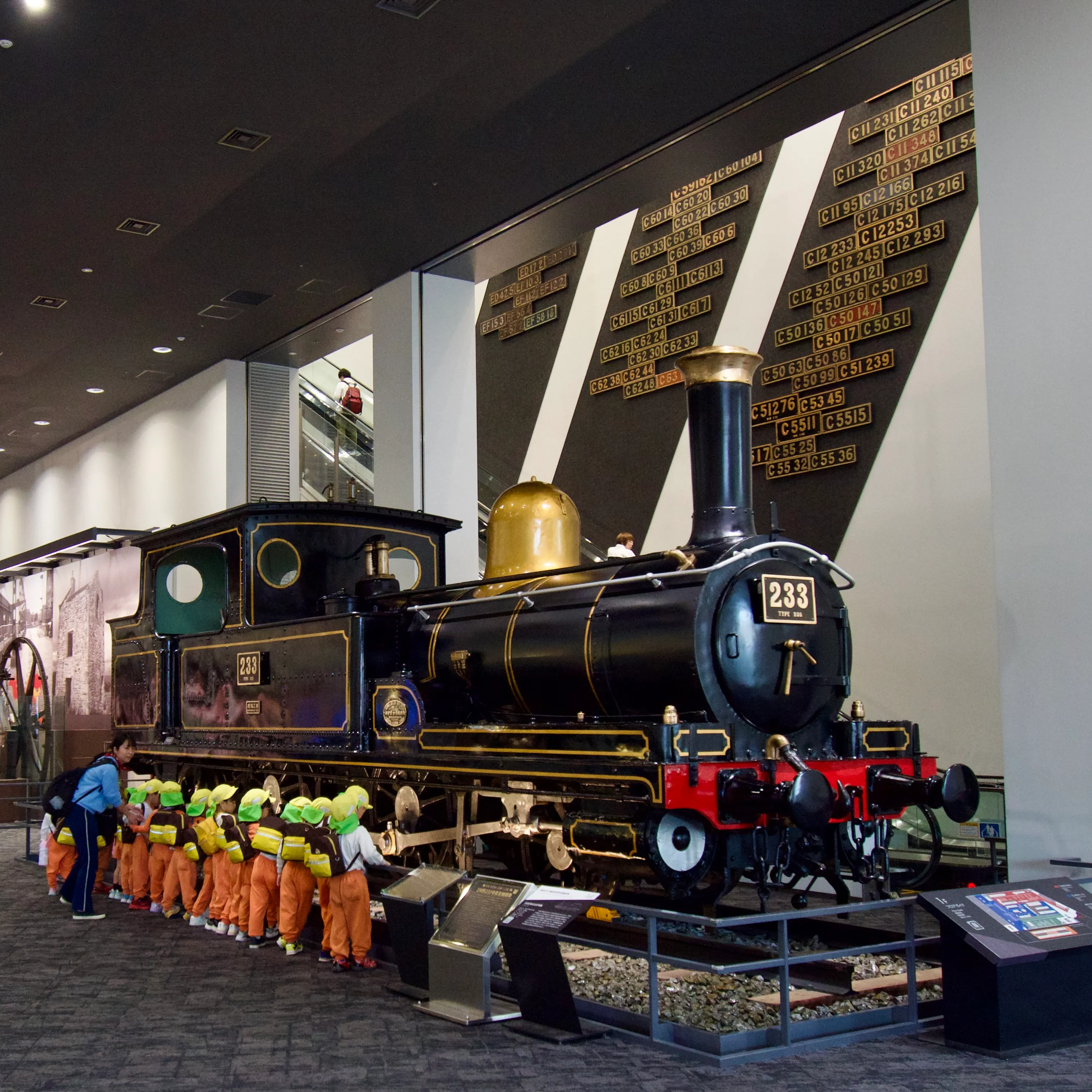 Children gather around a steam locomotive at the Kyōto Railway Museum