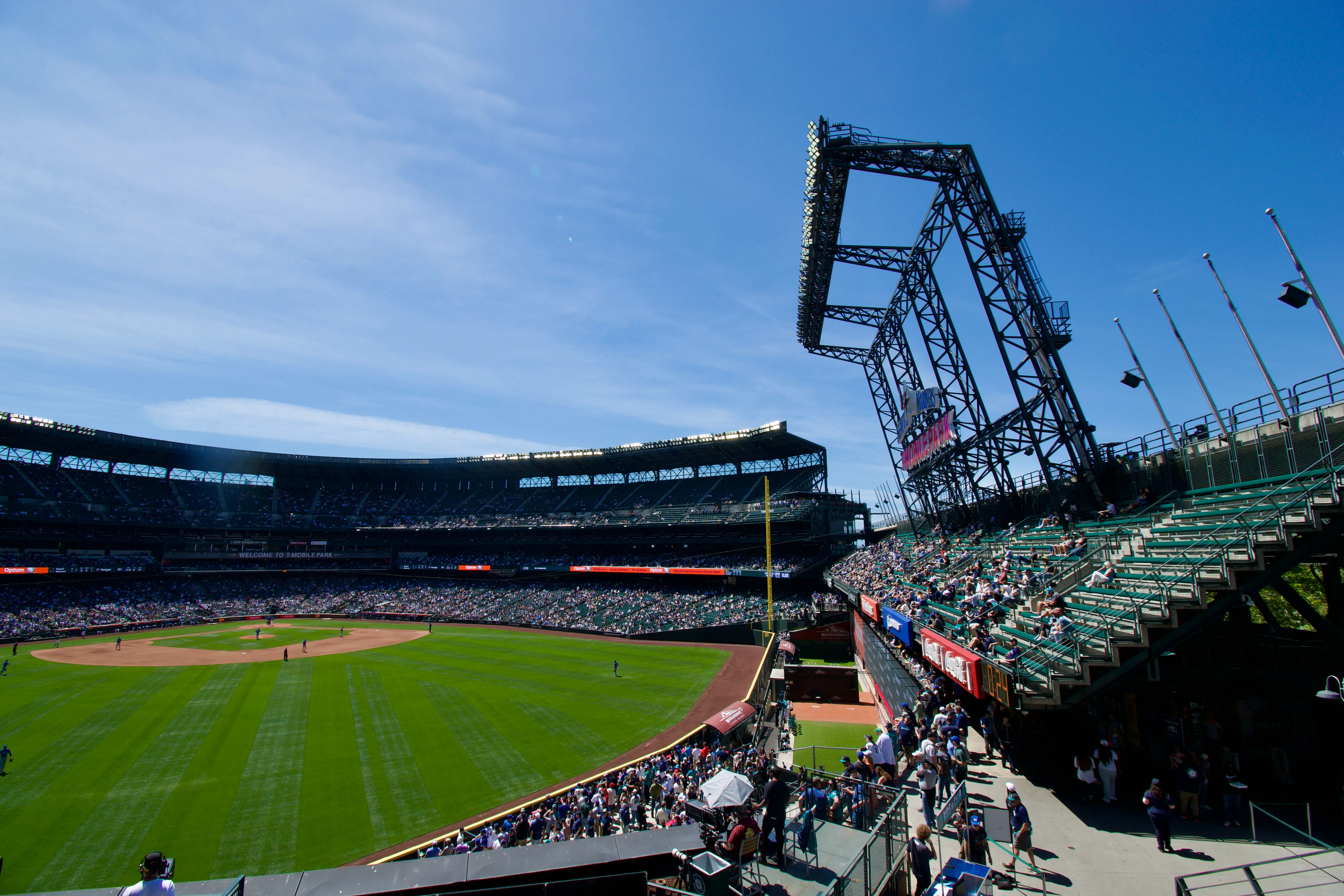 A view of the bullpens and left field seats from the center field upper level