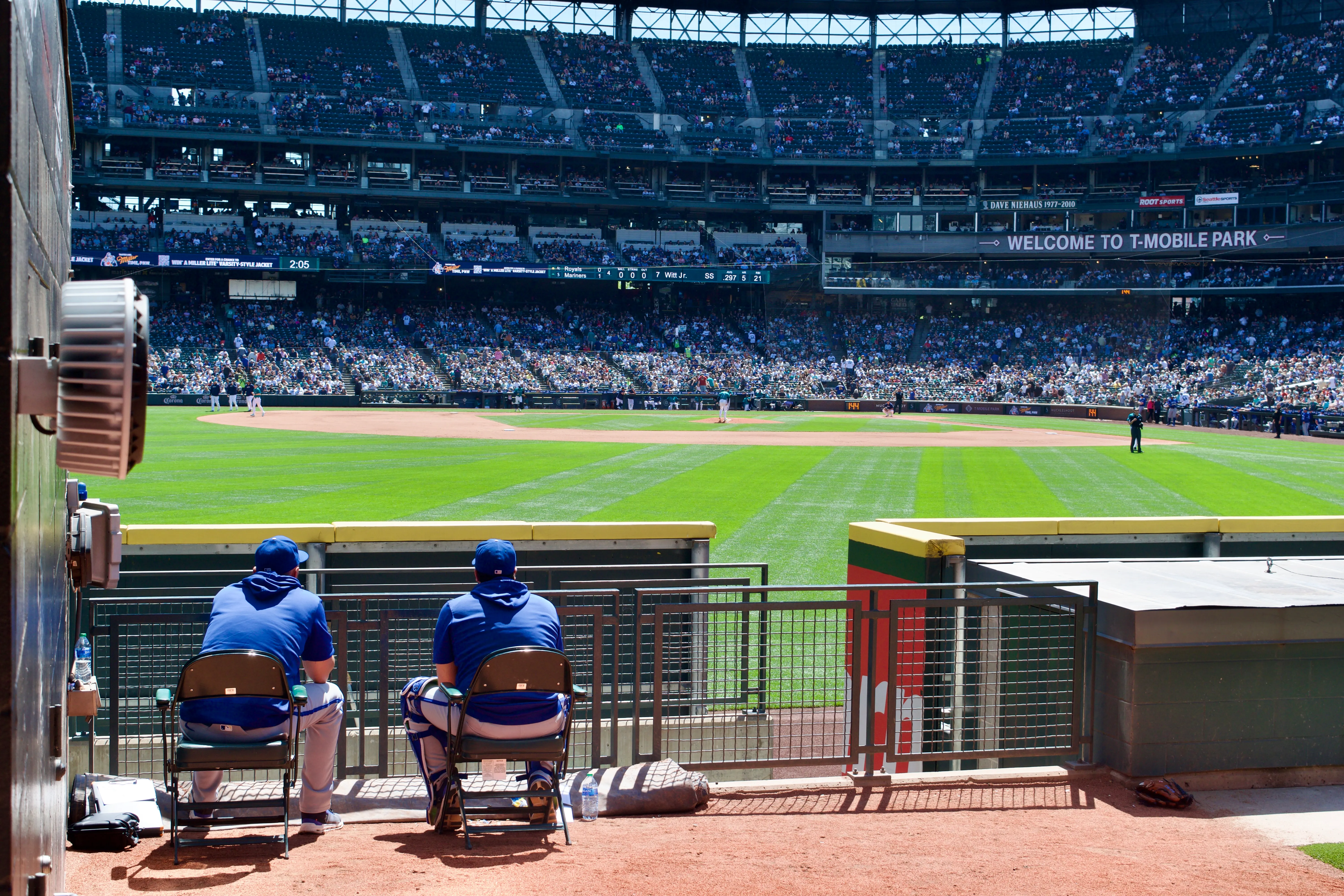 The Kansas City Royals' relief pitchers watch the game from the bullpen