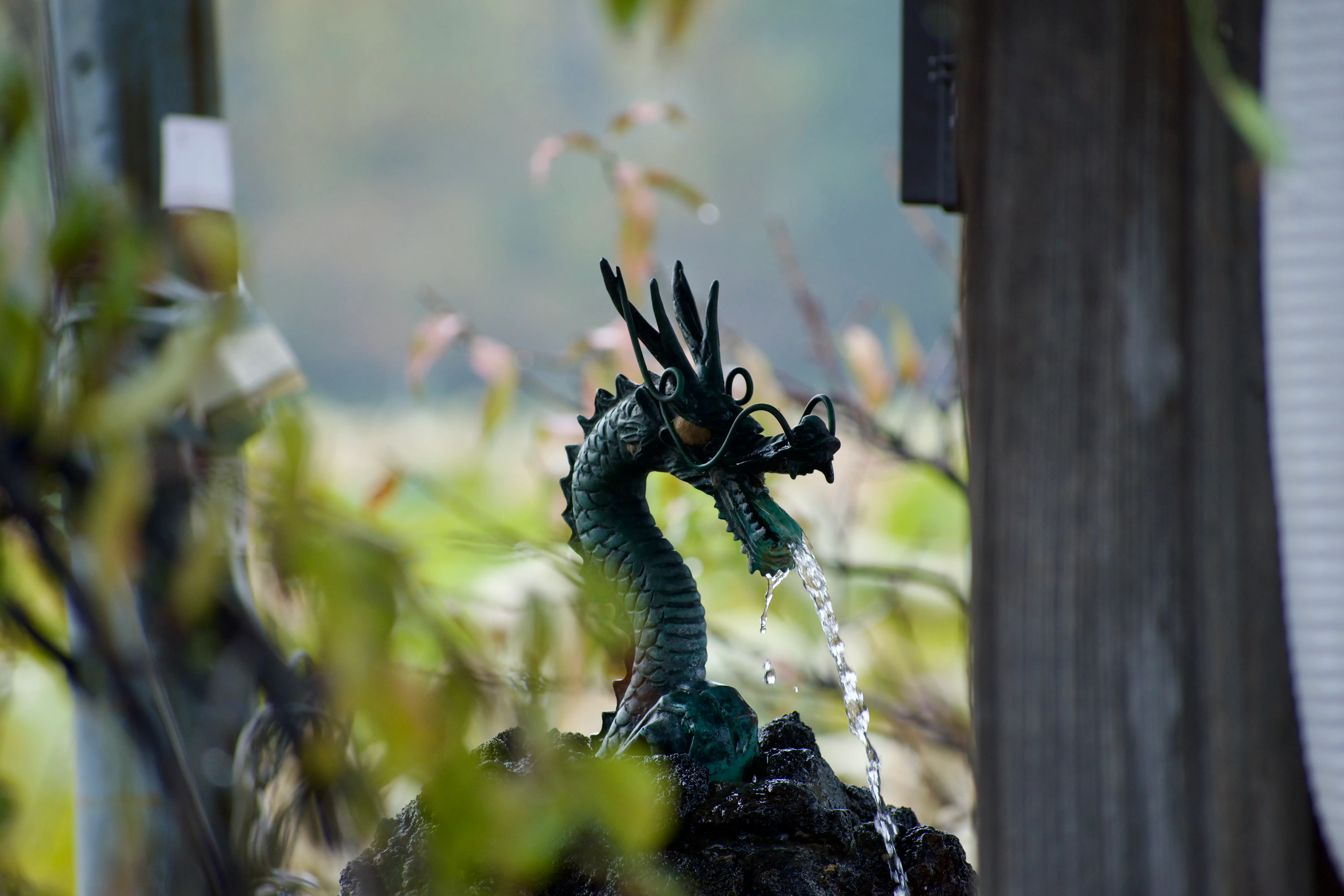 A small dragon fountain spitting water