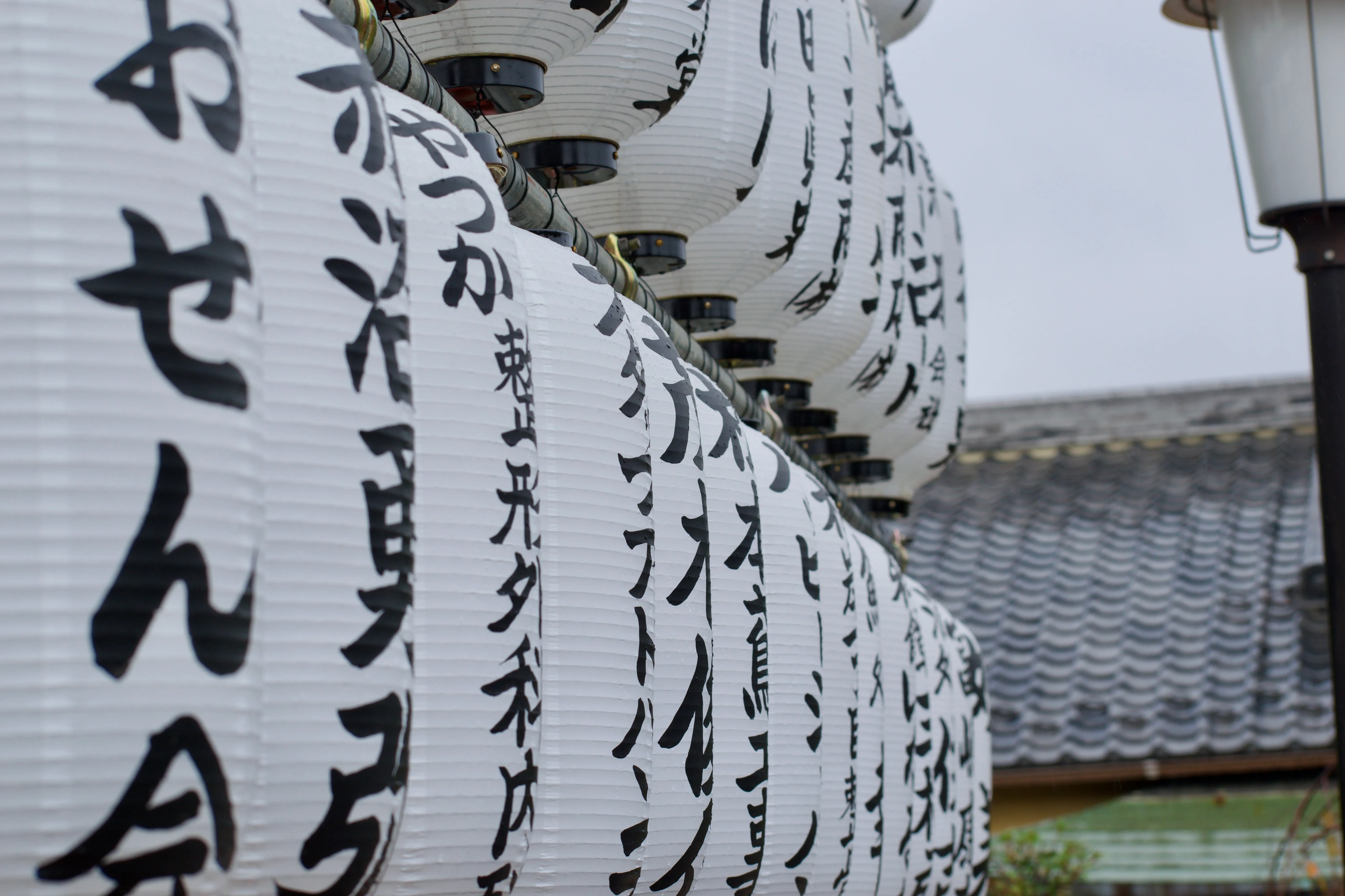 White lanterns hanging outside a shrine in Ueno Park