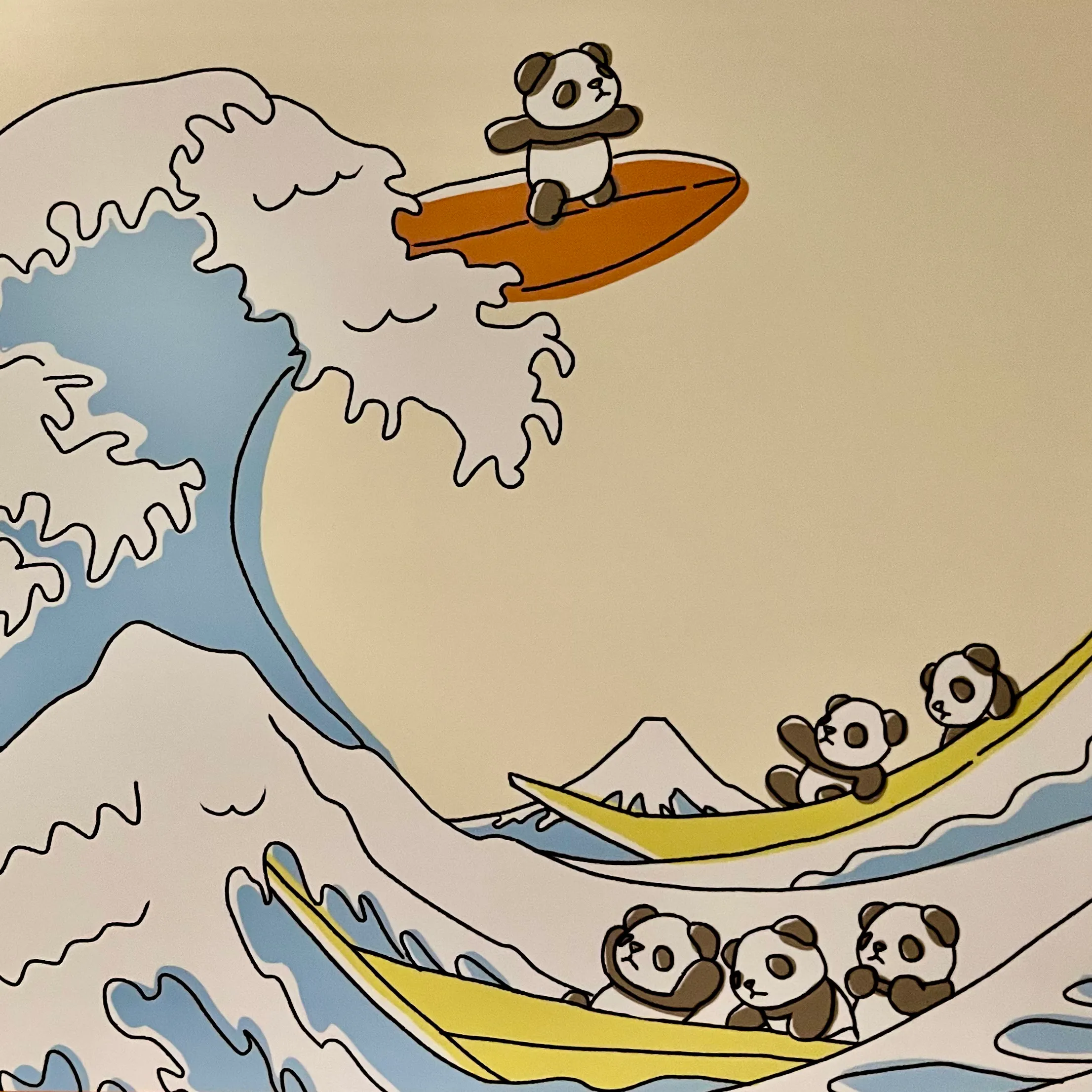 A version of Hokusai’s Under the Great Wave off Kanagawa with a surfing panda