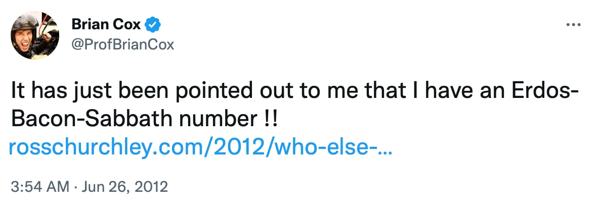 A screenshot of a tweet by Brian Cox, reading “It has just been pointed out to me that I have an Erdős-Bacon-Sabbath number!!”