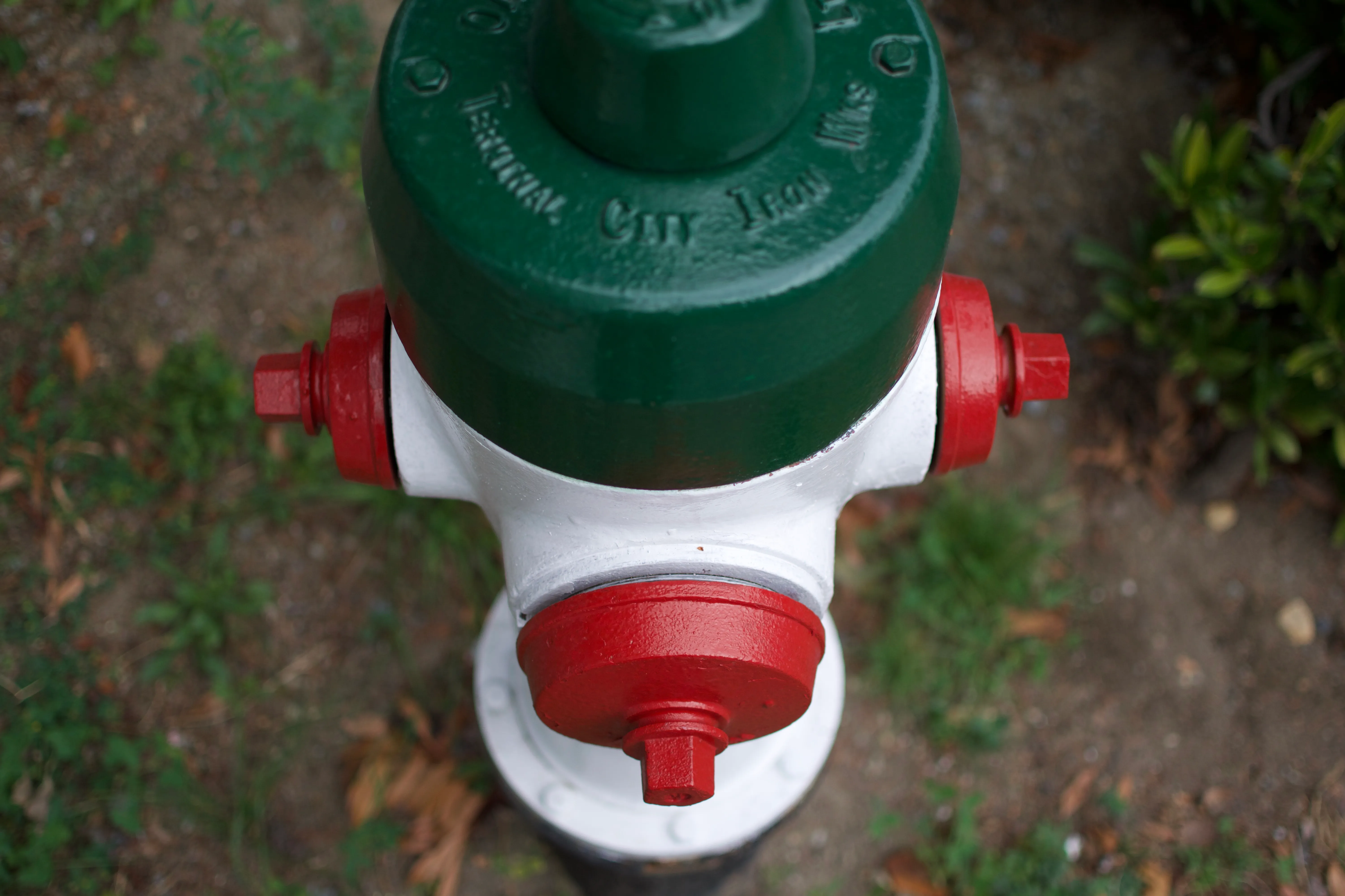 A top-down view of a fire hydrant with a dark green top, white body, and red caps pointing in three directions