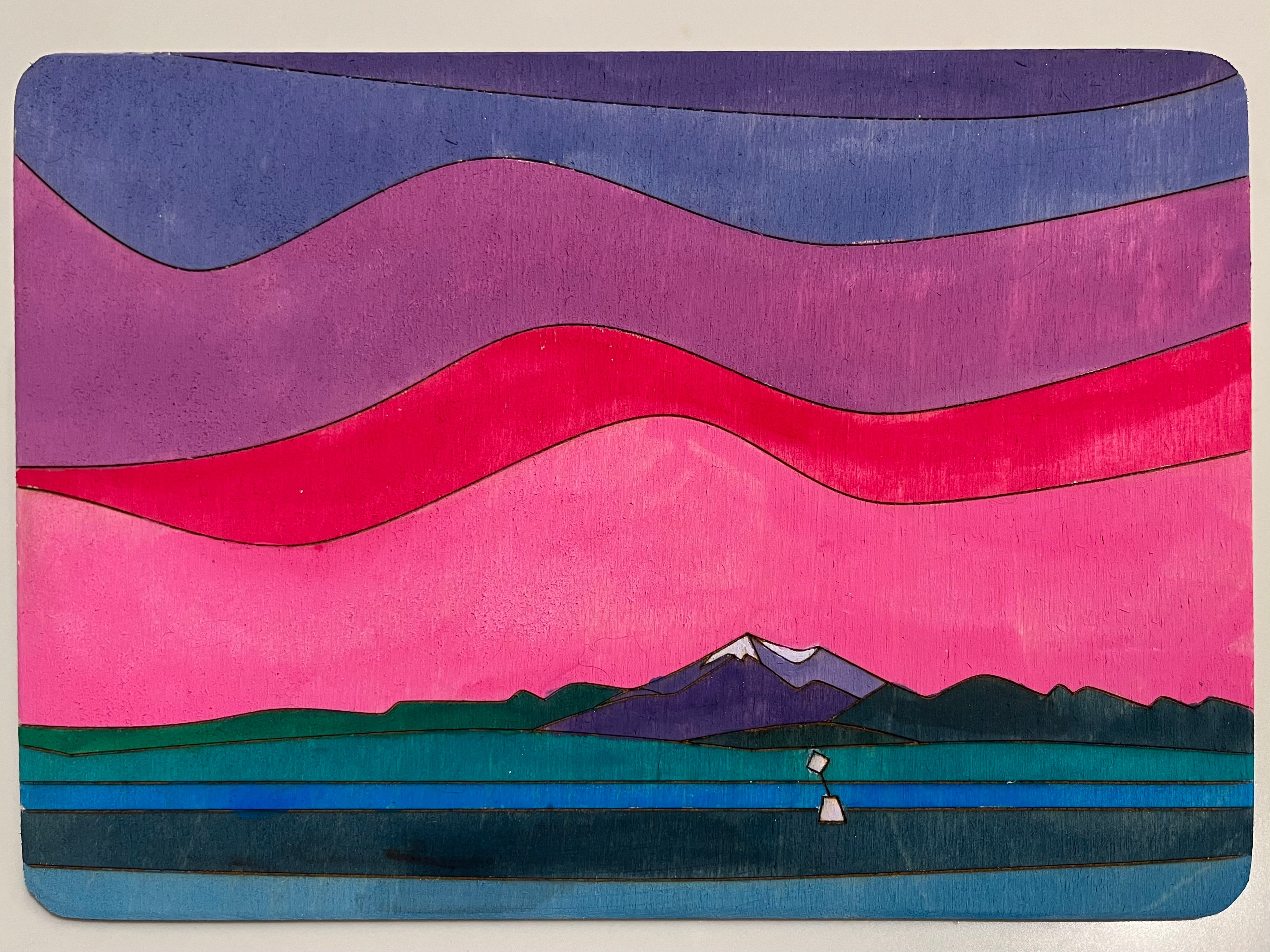 A brightly-coloured painting depicting a distant mountain under a purple, red, and pink sky.