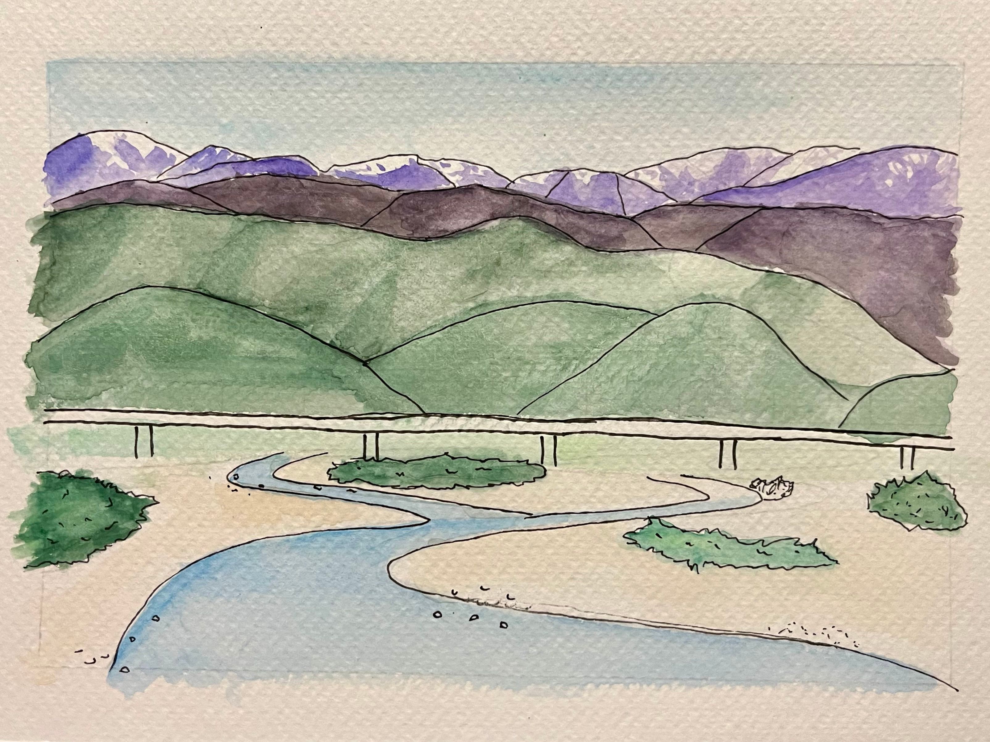 A watercolour painting of a blue sky, purple mountains, green foothills, and a blue river flowing towards the viewer
