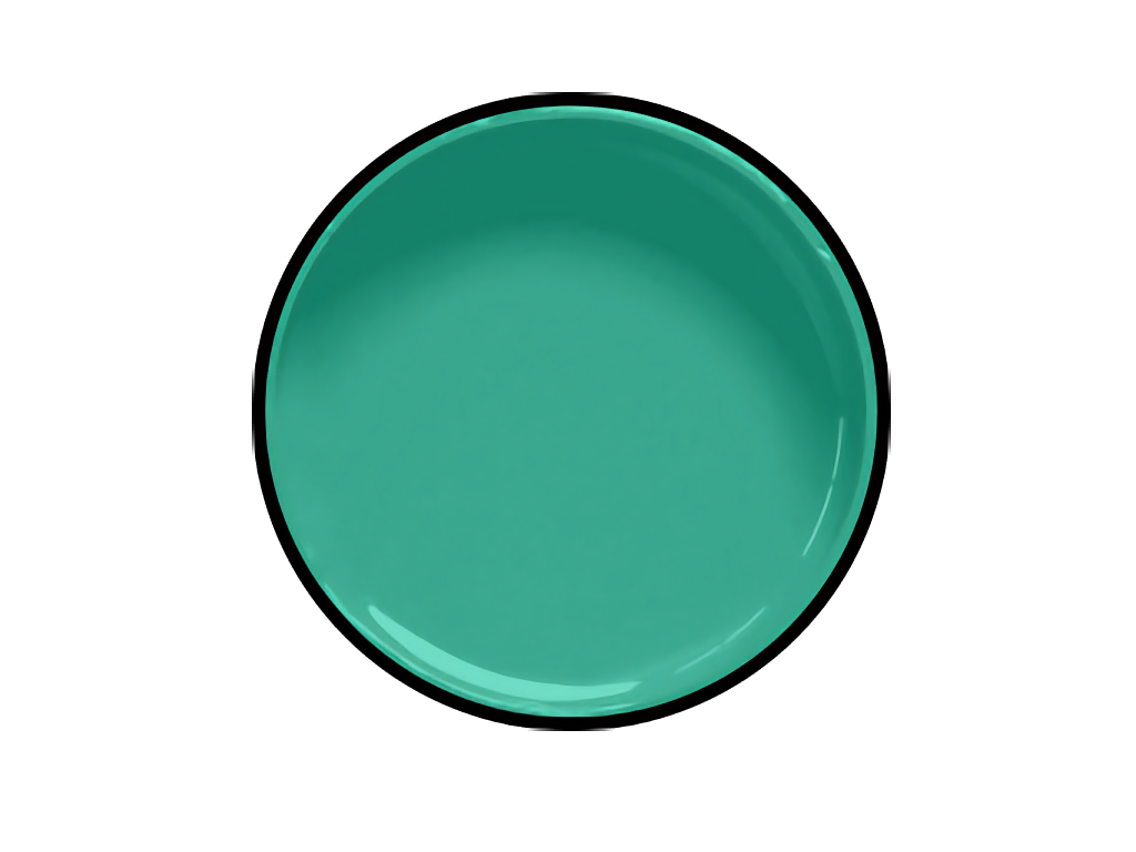 A top-down view of a can of teal paint