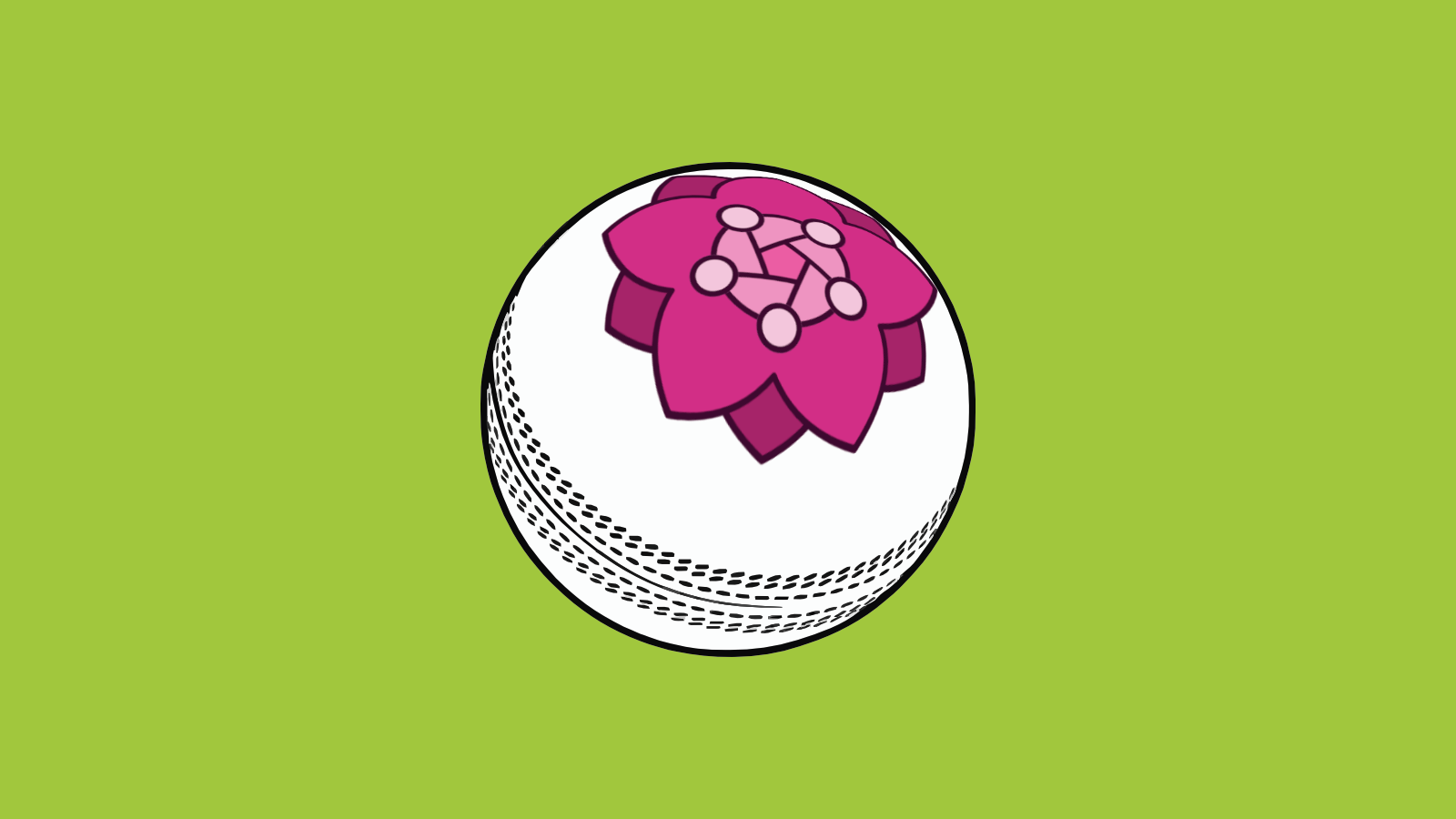 Clipart of a white cricket ball with this website's logo on the side