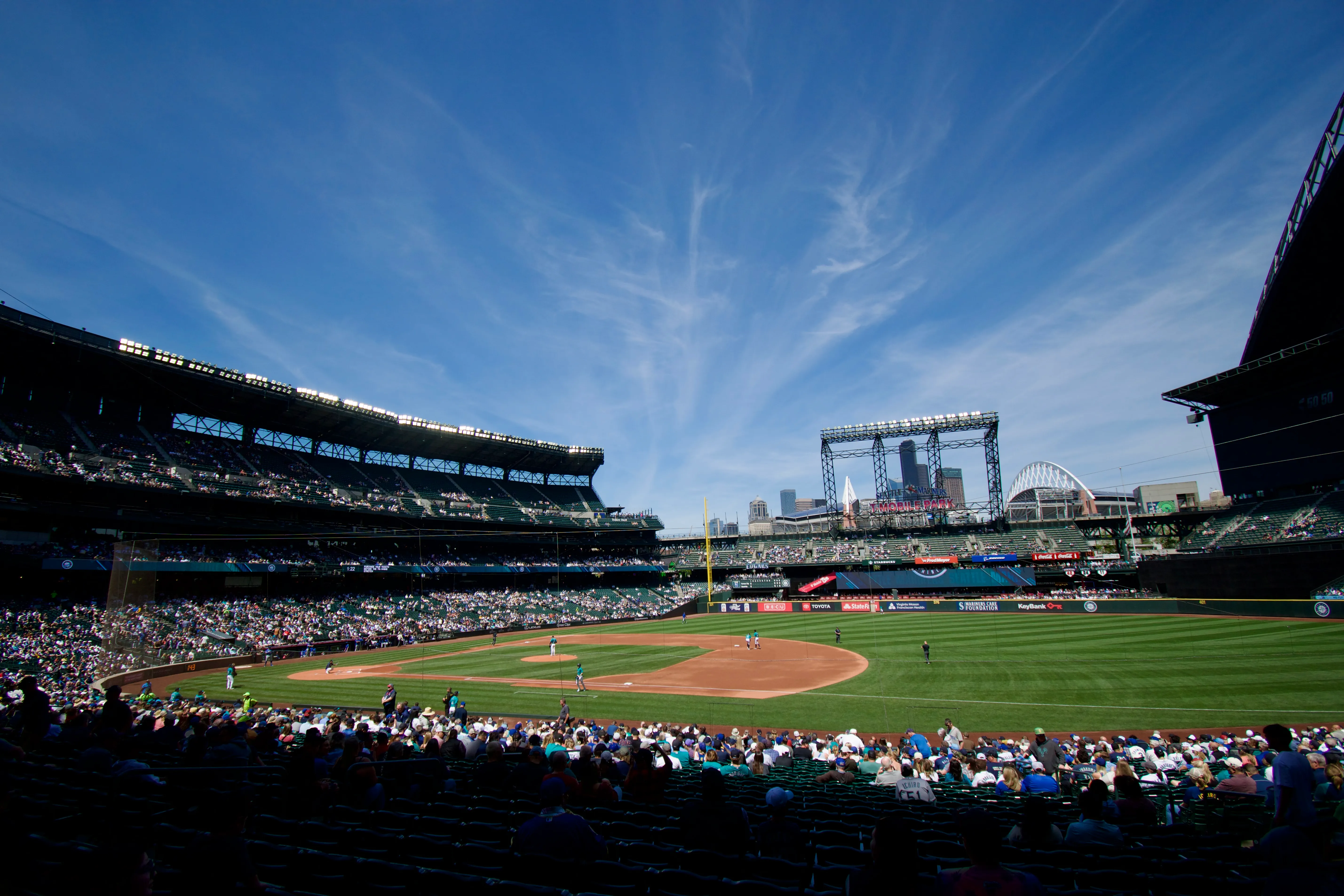 A wide-angle view of T-Mobile Stadium's baseball diamond, taken from the stands behind first base