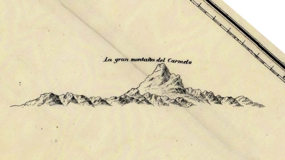 A mountain labeled "La gran montaña de Carmelo" drawn on a historic map