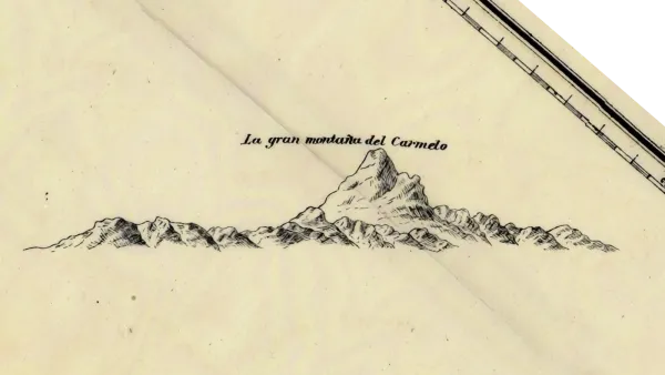 A mountain labeled "La gran montaña de Carmelo" drawn on a historic map