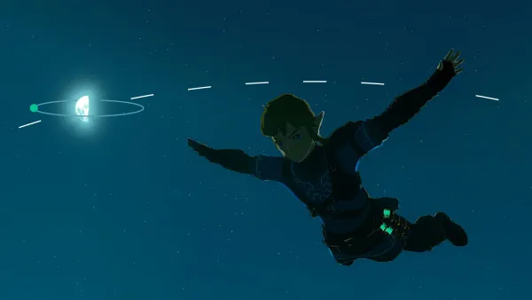 A screenshot of Tears of the Kingdom showing Link skydiving at night with a half-moon and stars in the background