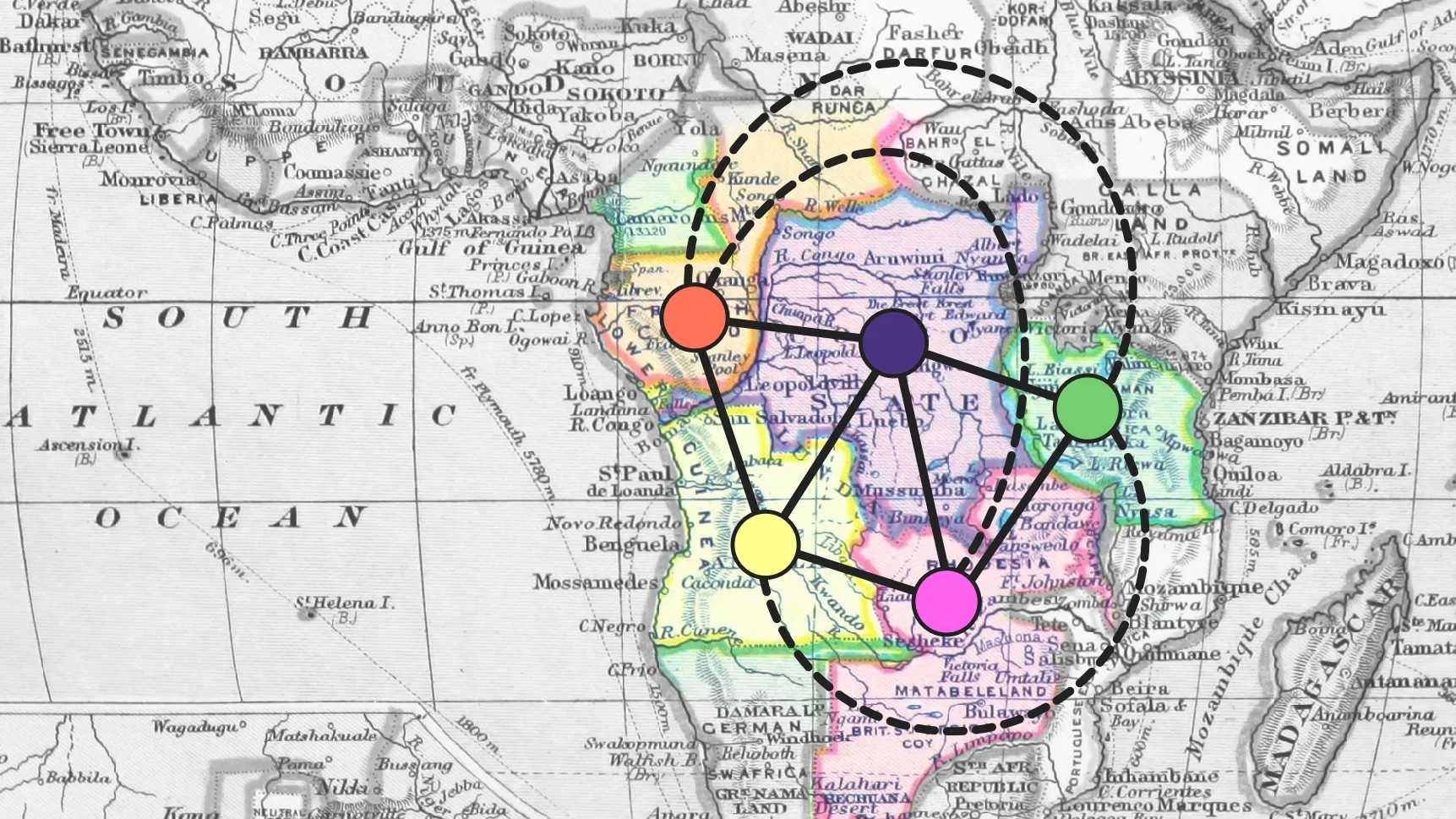 A historical map of Africa, with an overlaid diagram showing adjacencies between European claims