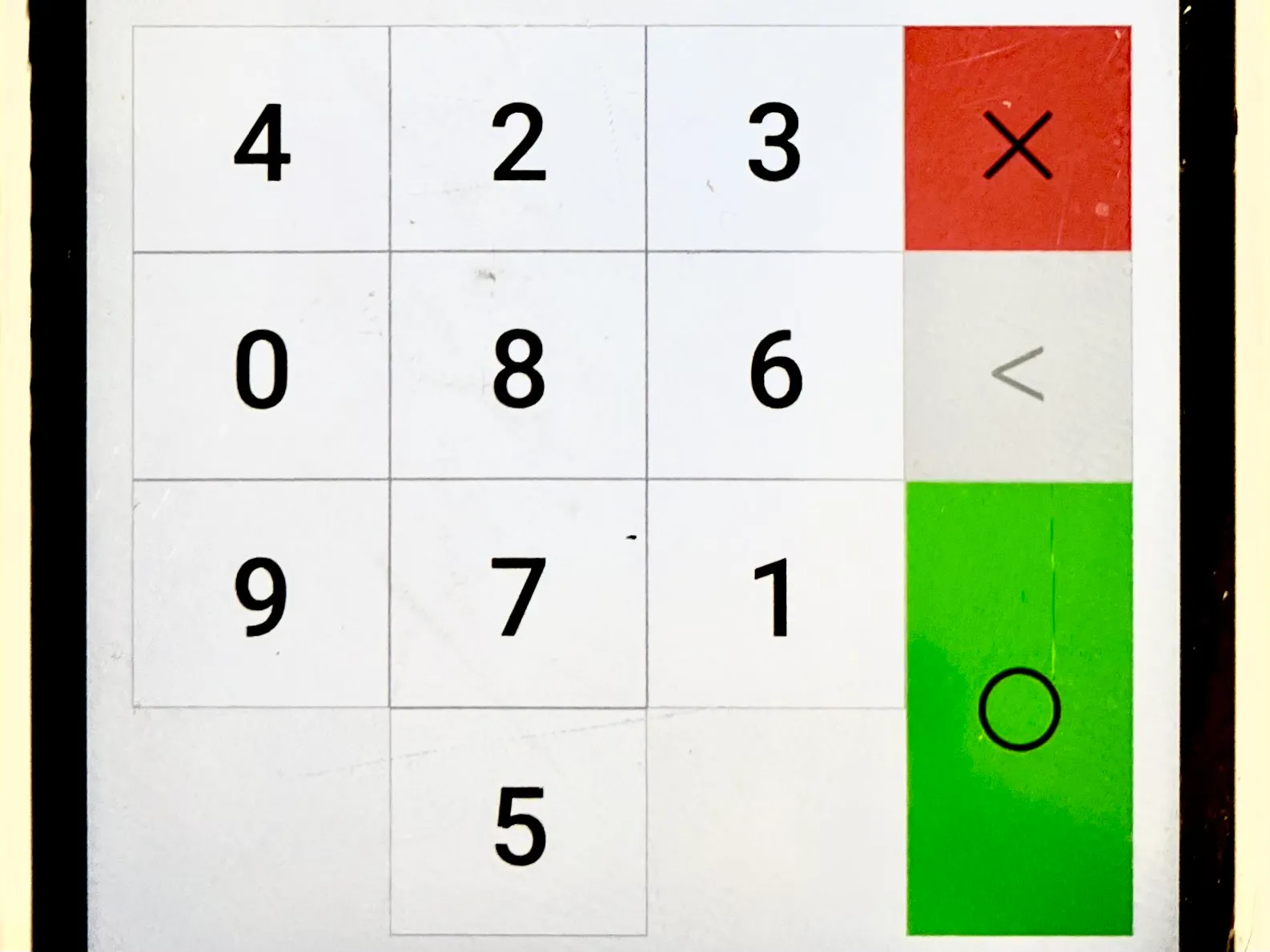 A number pad with 4, 2, 3, 0, 8, 6, 9, 7 , 1, and 5 in that order