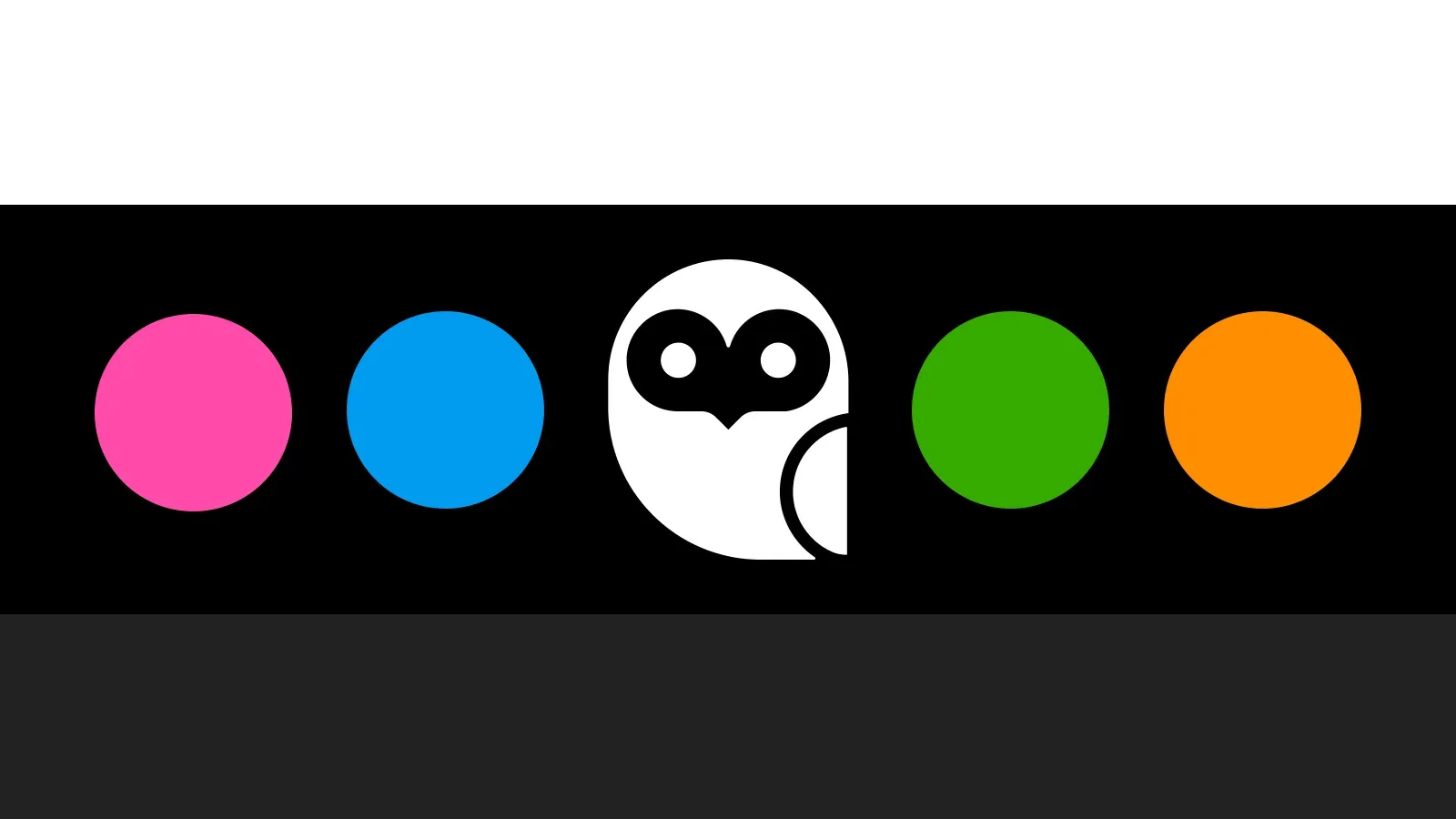 A stylized white owl on a black background among pink, blue, green, and yellow circles