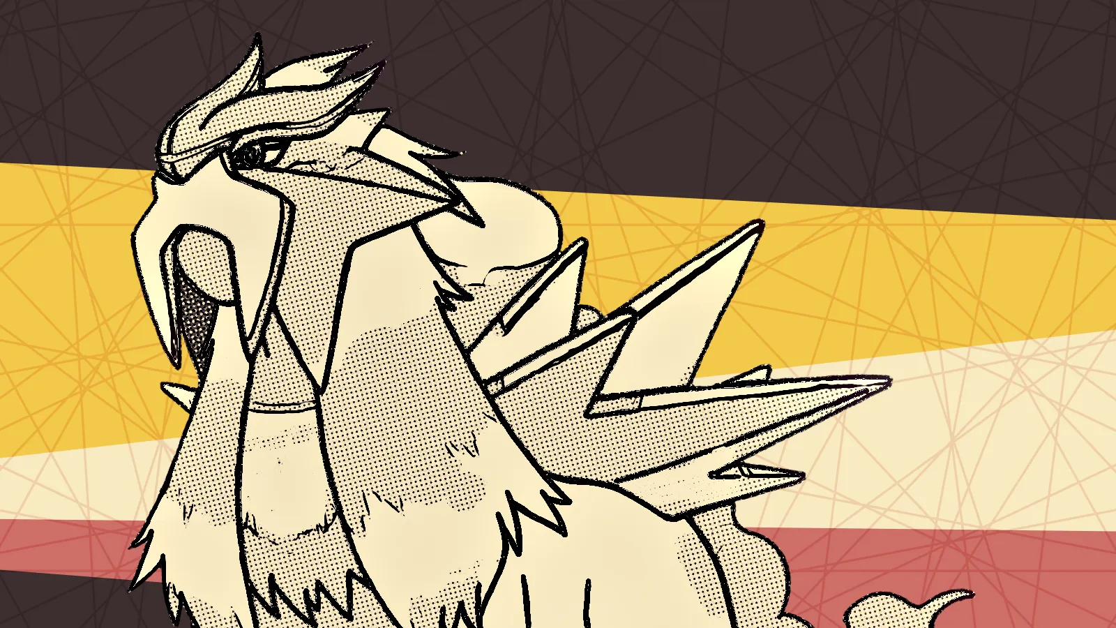 The roaming Pokémon Entei, depicted in the style of the cover Bonato and Nowakowski's Cops and Robbers textbook