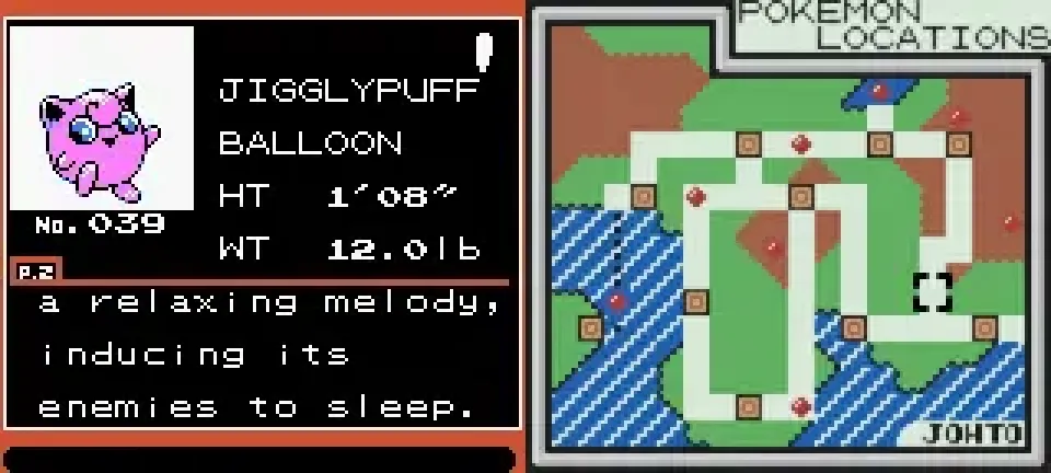 A screenshot of Jigglypuff's Pokédex entry and map locations