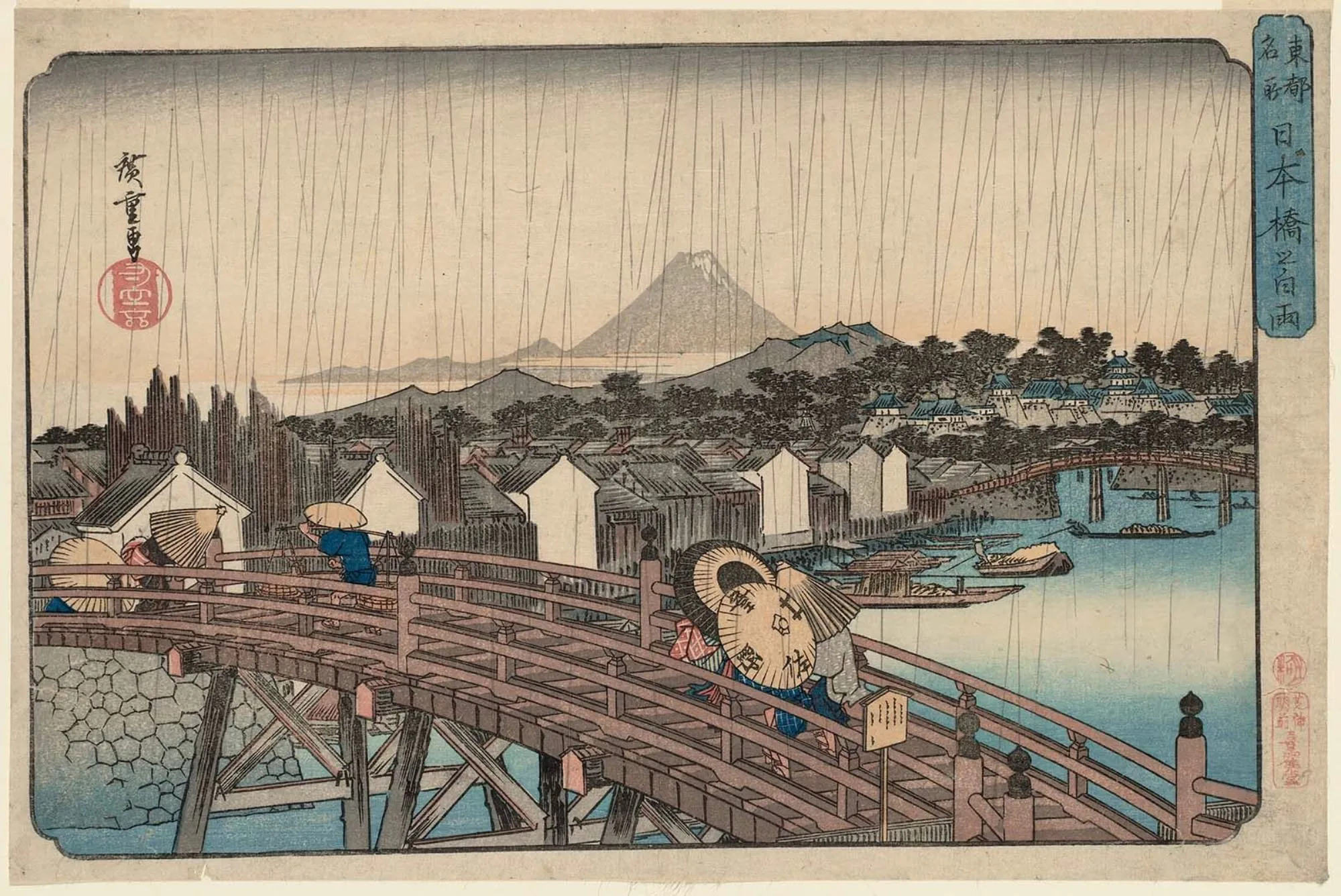 An Edo-era woodcut print of the old wooden Nihonbashi in the rain