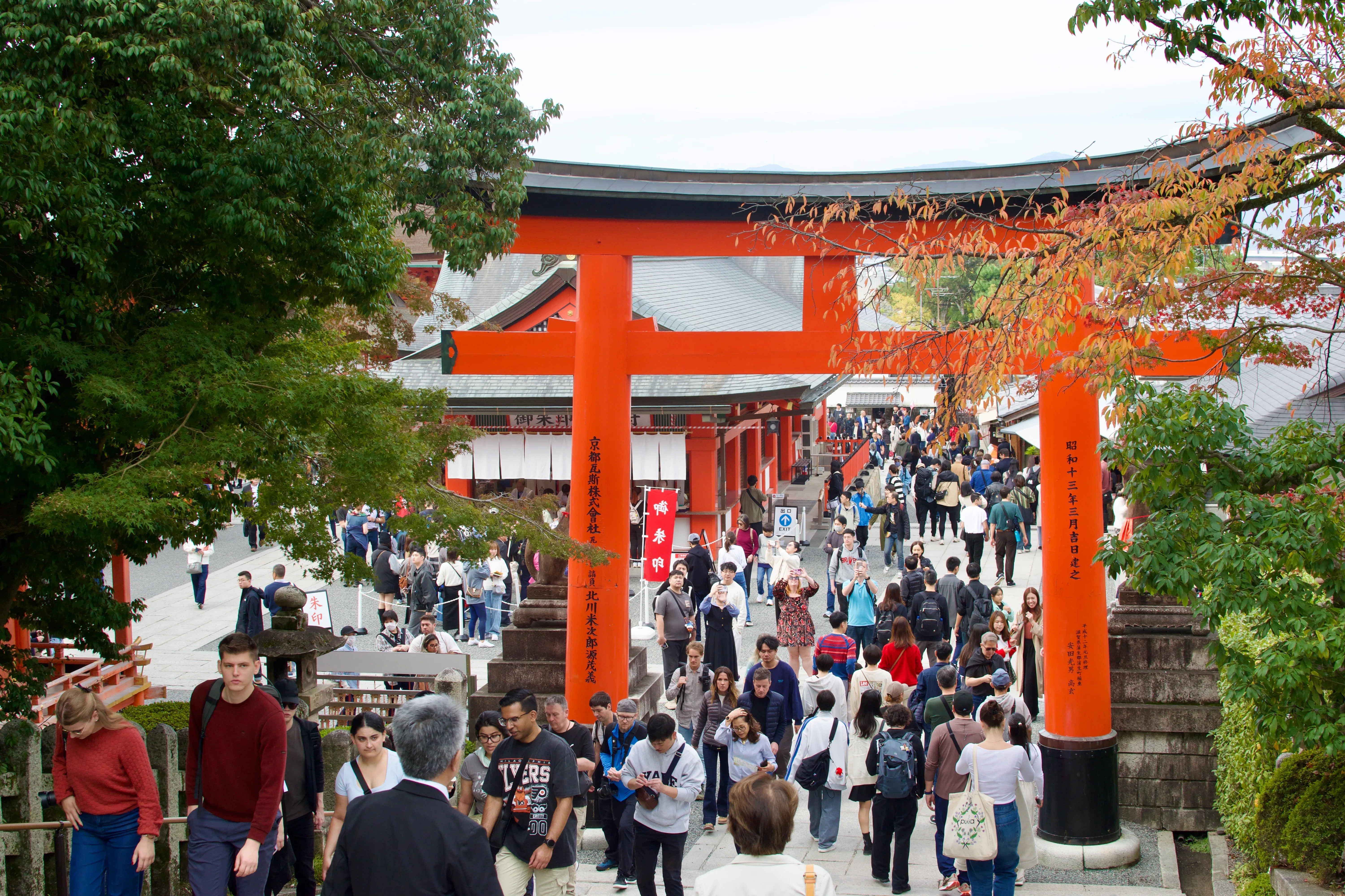 A crowd of tourists passes through one of the torii gates of Fushimi Inari shrine.