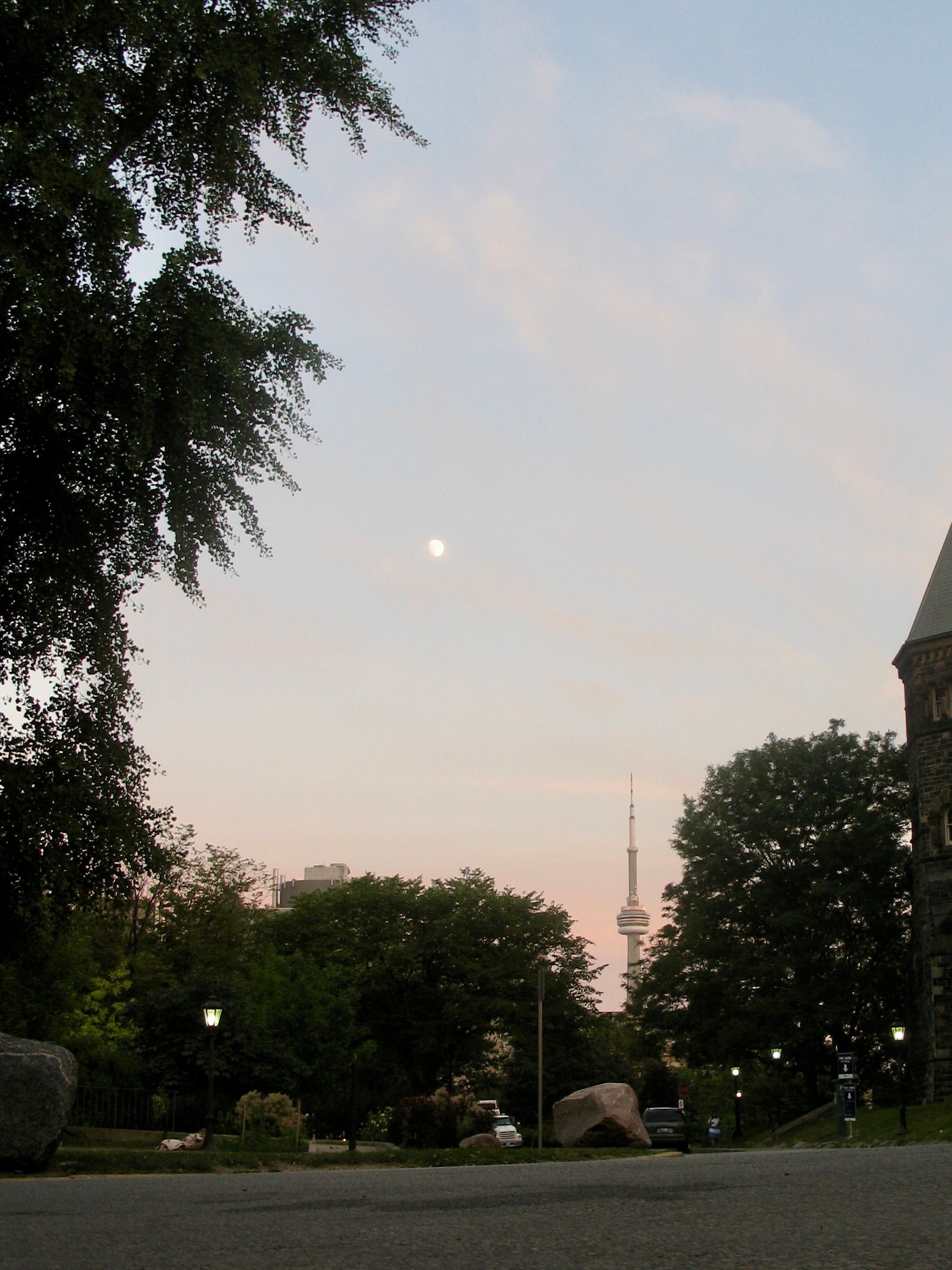 The moon at dusk is framed by trees and a distant CN tower