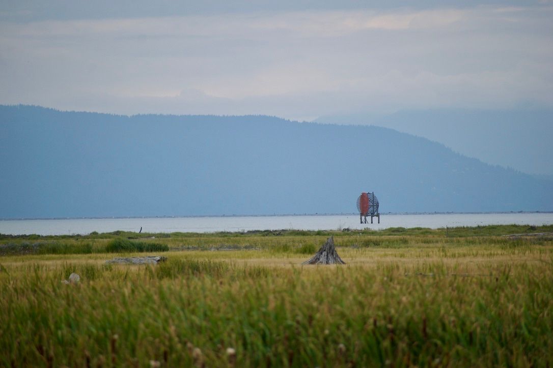A structure shaped like two flat slatted circles intersecting at an angle stands in a (visually) thin band of water between yellow and green marsh plants in the foreground and tall blue mountains in the distant background.