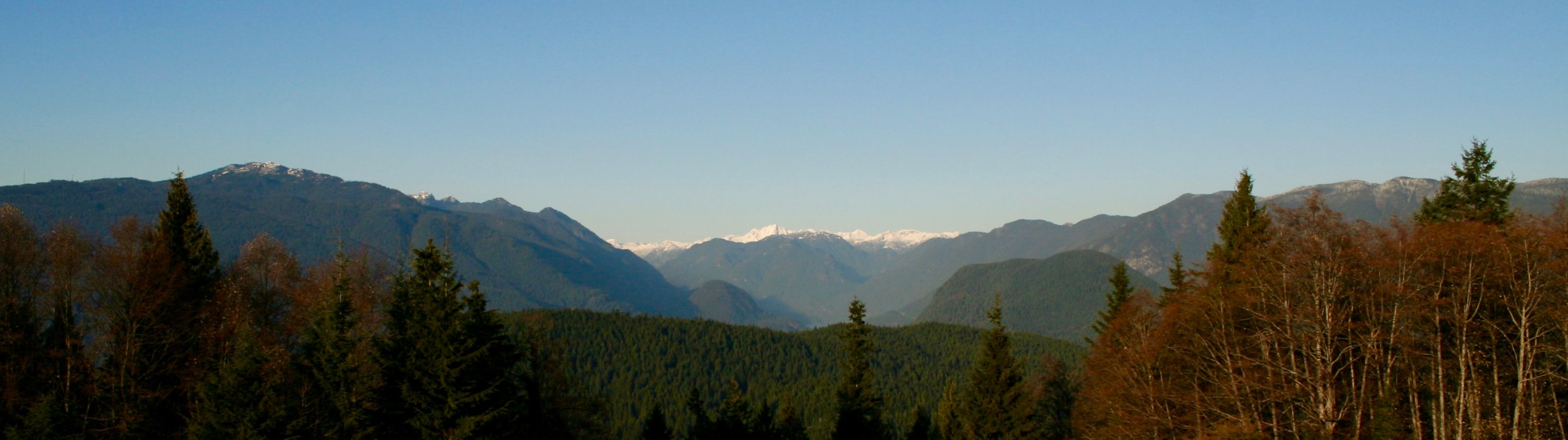 The North Shore mountains as seen from SFU, with red and orange trees in the foreground.