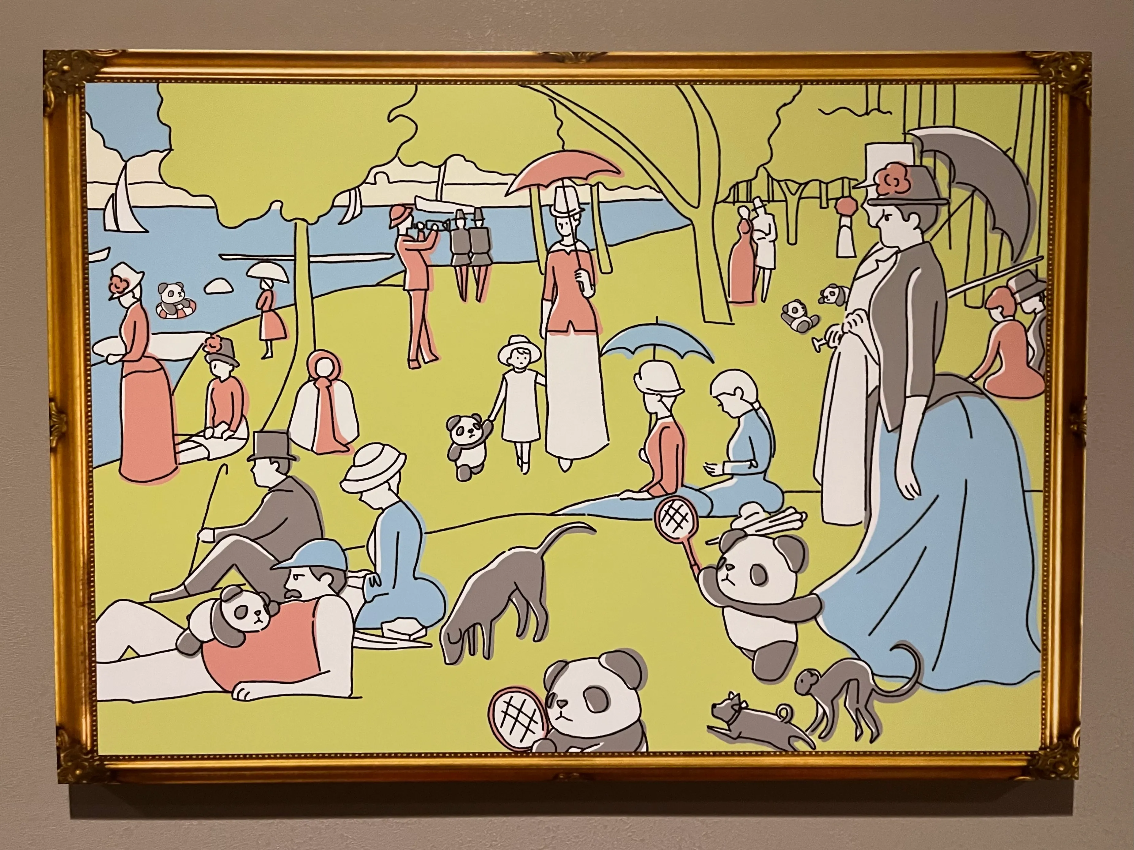 A simplified cartoon version of Georges Seurat's painting "A Sunday Afternoon on the Island of La Grande Jatte", with several small cute pandas added