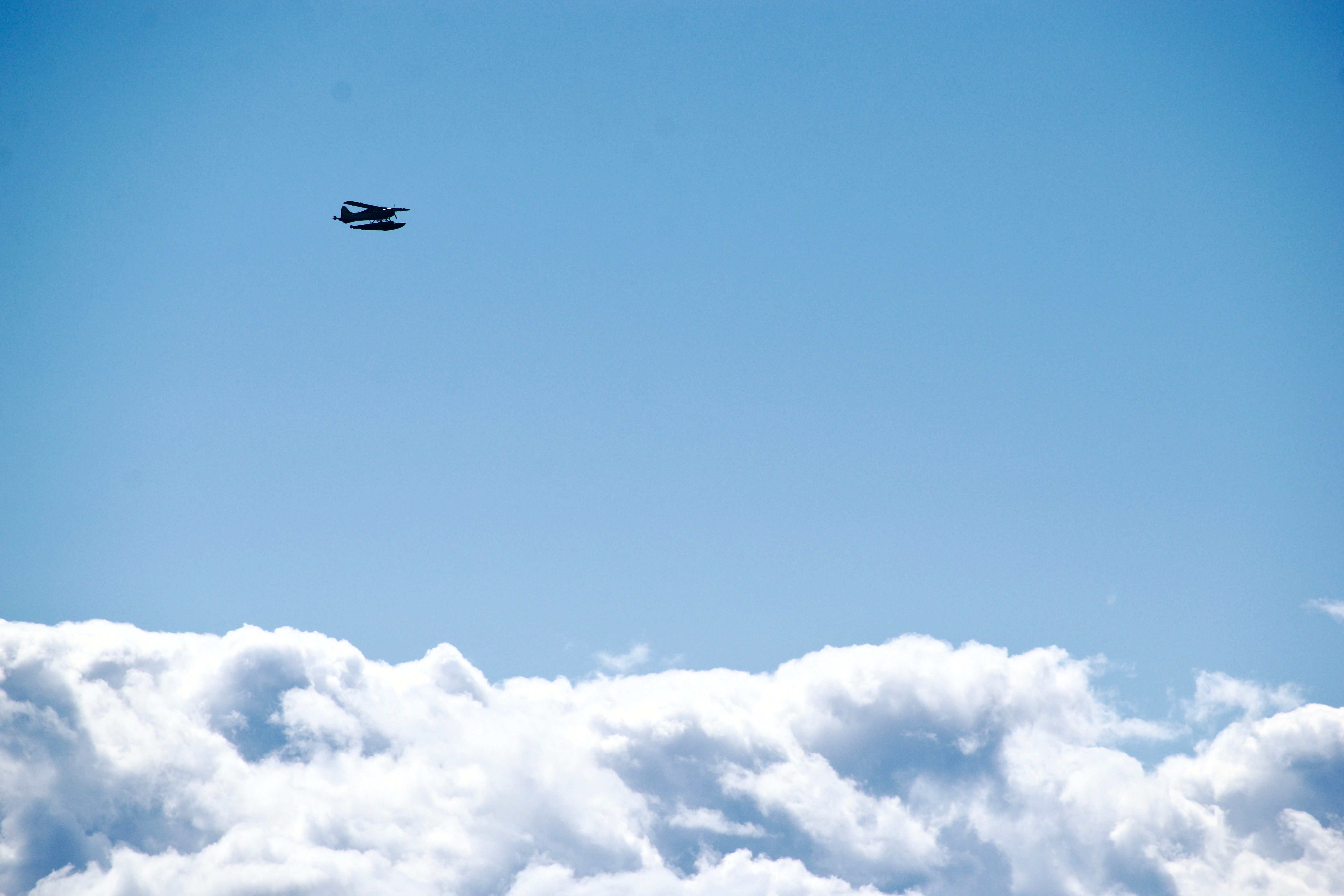 A small floatplane flies above a bank of clouds