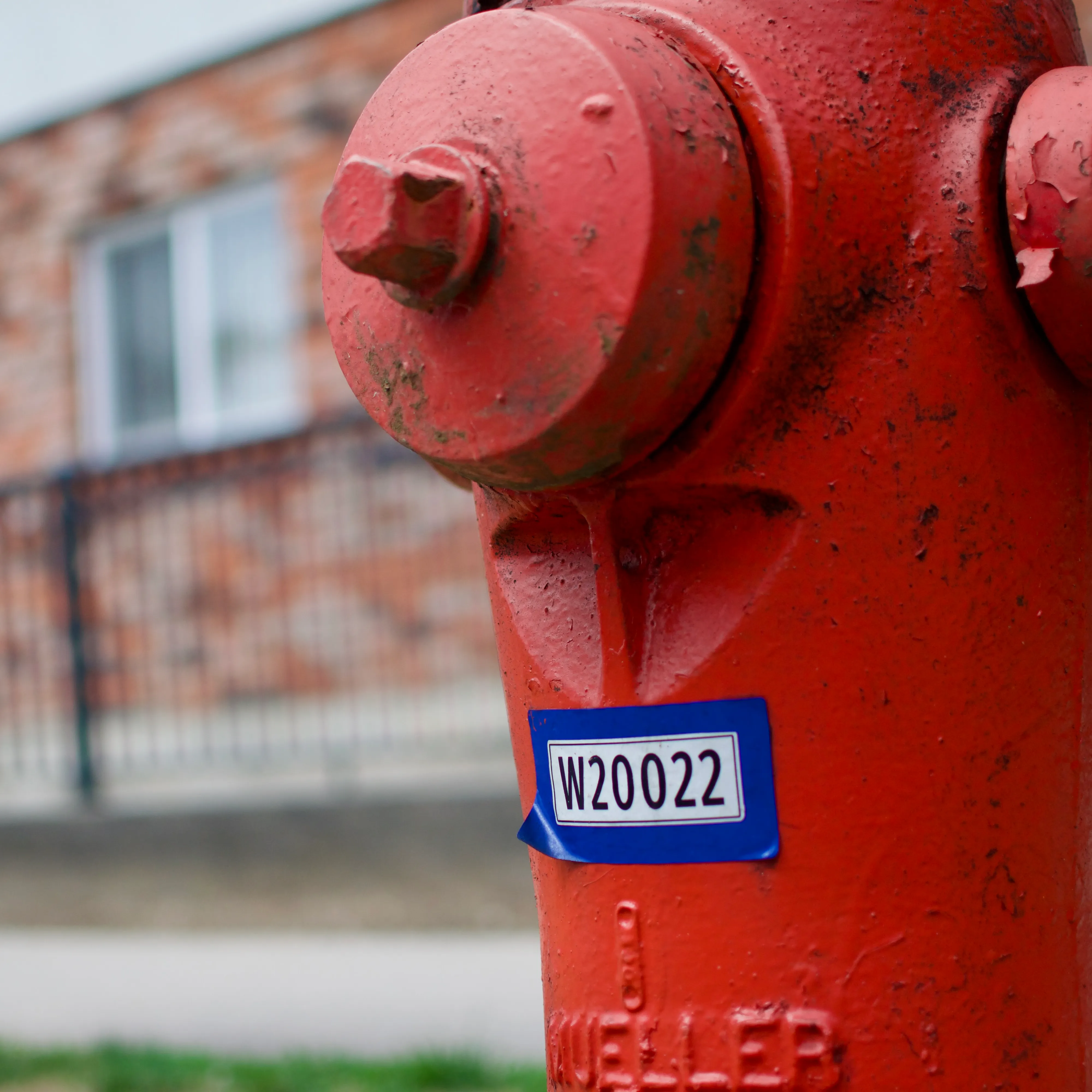 A red fire hydrant with a blue-bordered ID label