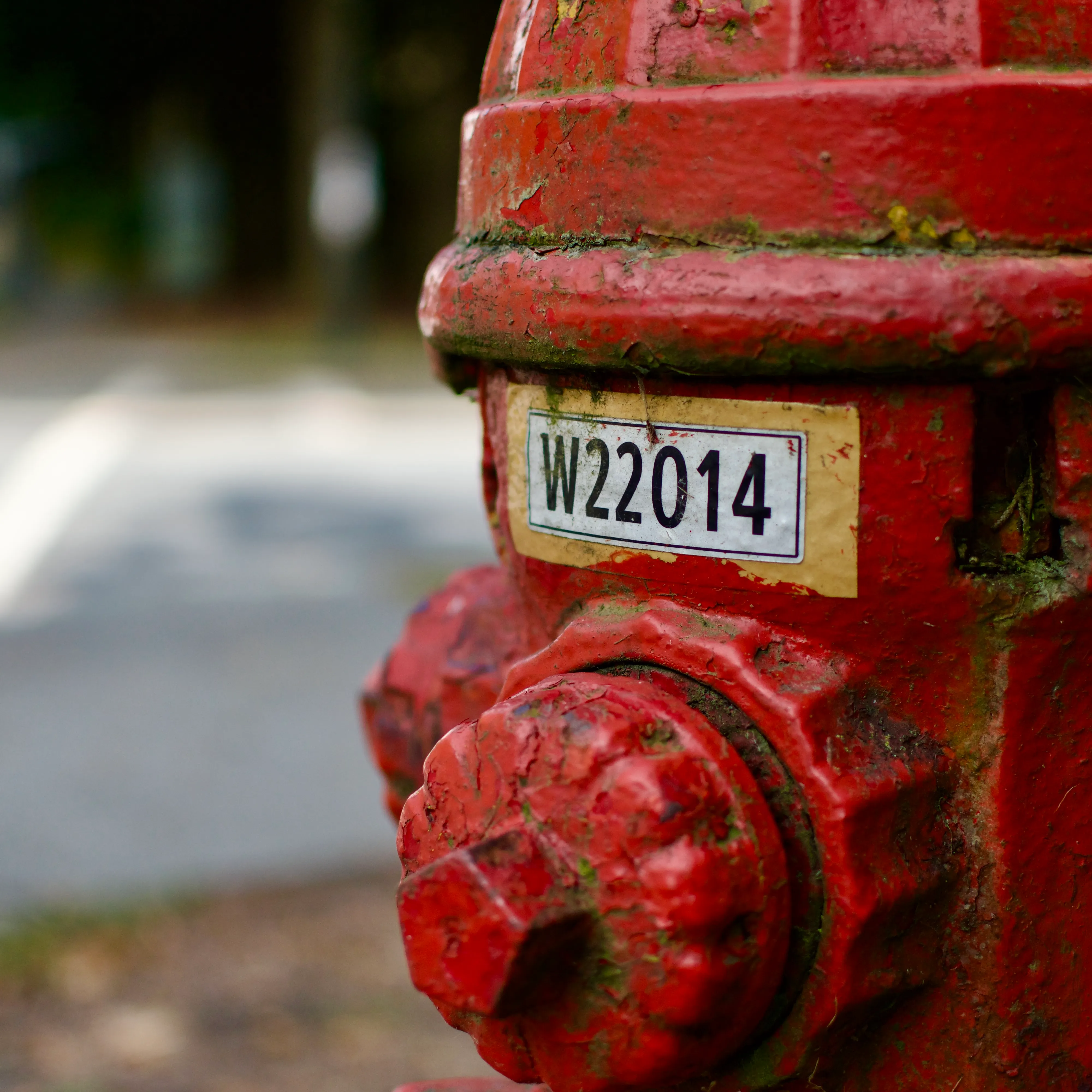 A red fire hydrant with a yellow-bordered ID label