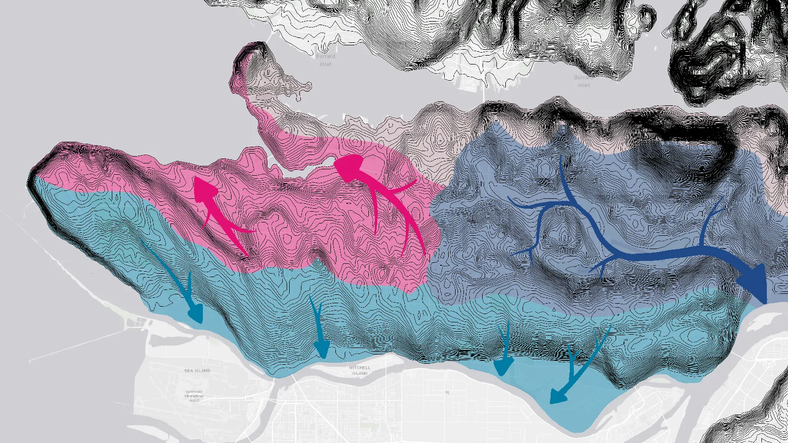 A topographic map of the Burrard Peninsula, divided into four coloured regions as described above