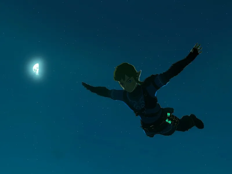 A screenshot of Tears of the Kingdom showing Link skydiving at night with a half-moon and stars in the background.