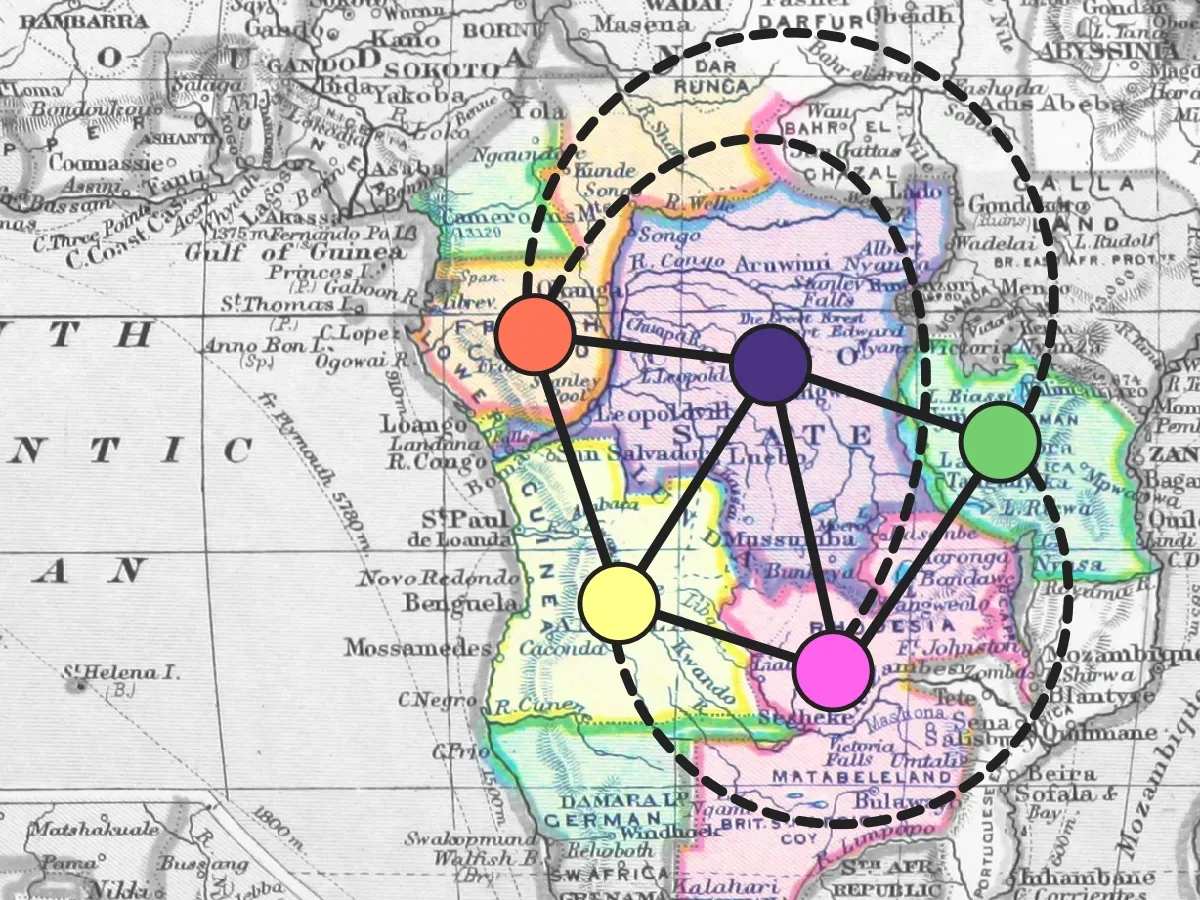 A cropped image of a historical map of Africa. Five regions claimed by European powers are highlighted in different colours, and an overlaid diagram shows how each pair of empires are adjacent to each other.