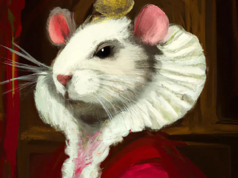 An AI-generated oil painting of a mouse in the red ermine robes of the House of Lords.