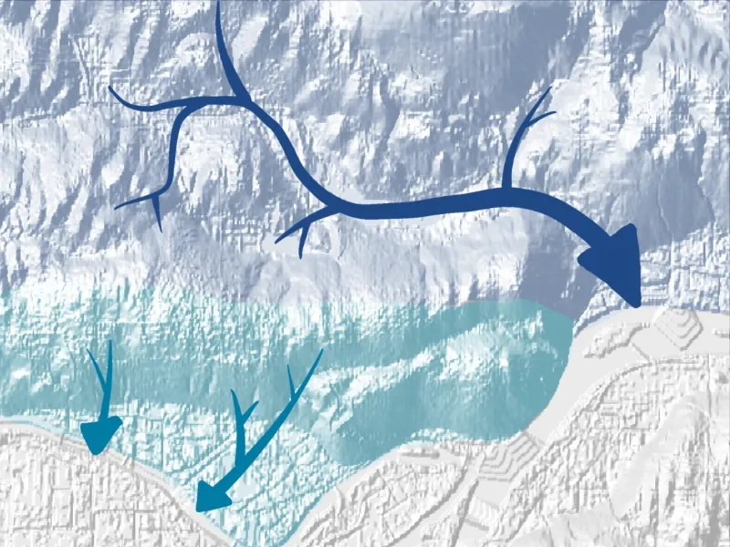 A coloured relief map zoomed in to New Westminster, Burnaby, and Coquitlam, showing the Brunette River watershed in the top half and creeks draining south in the bottom half.