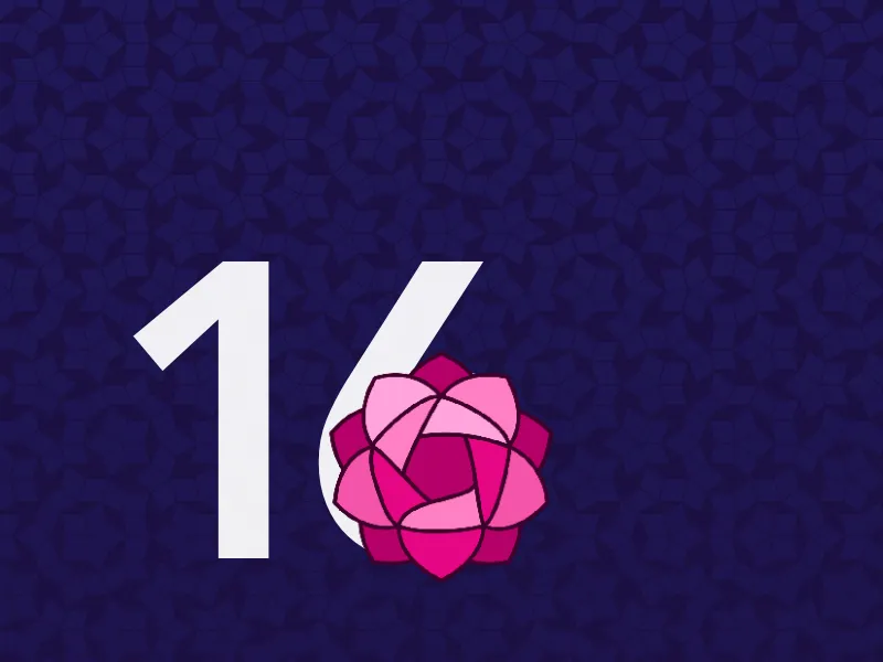 A large number 16 decorated with the pink flower logo of this site against a navy tiled background.