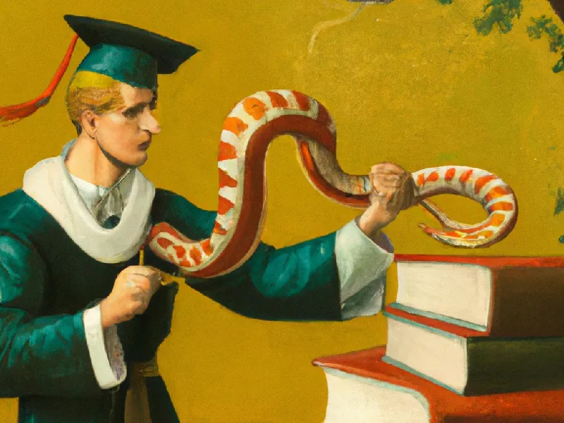 An AI-generated oil painting of a student in robes and academic cap taking a boxing stance against a snake.