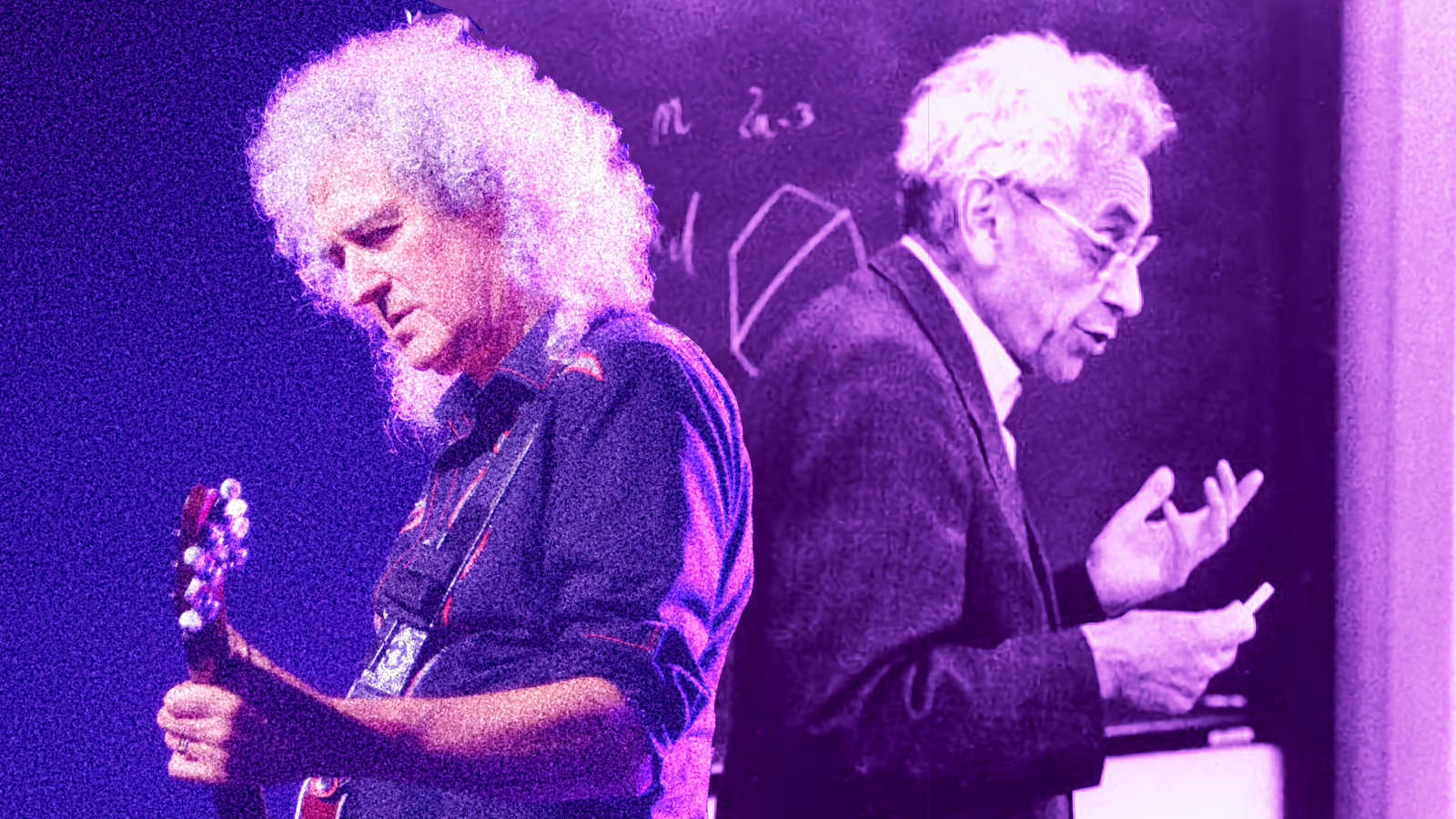 Brian May playing a guitar back-to-back with Paul Erdős giving a lecture.