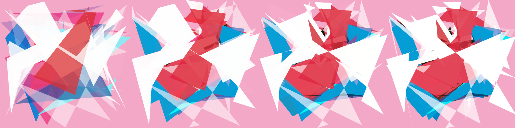 Four collections of pink and blue polygons are increasingly accurate depictions of the Pokémon Porygon2.