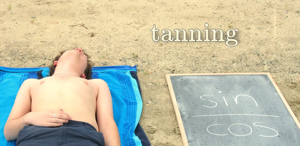 A beachgoer lies on a towel next a chalkboard with the expression sin/cos. The caption explains that both are 'tanning'.