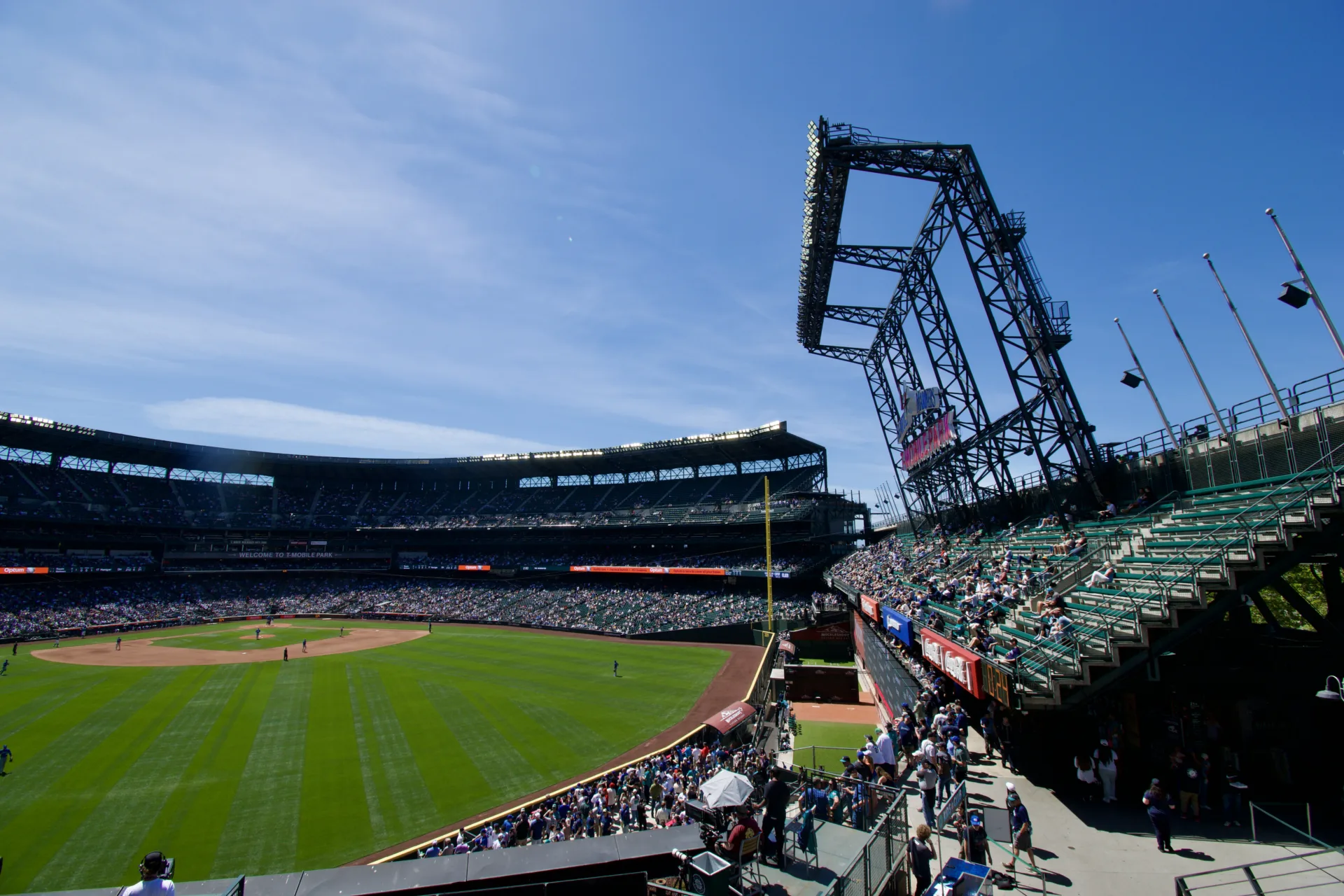 A view of the bullpens and left field seats from the center field upper level.