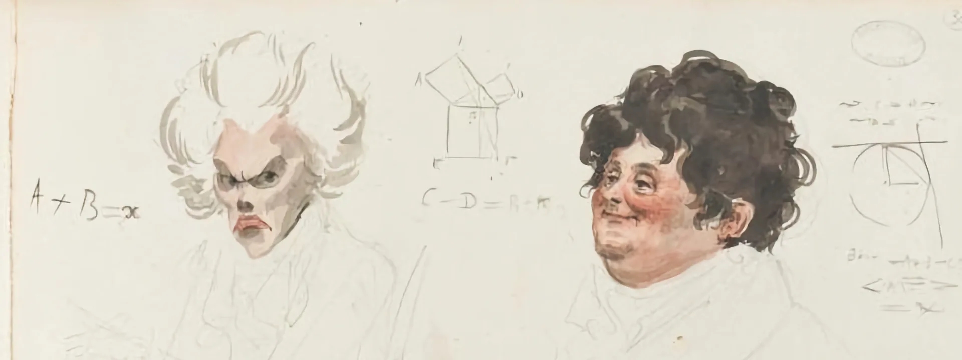 Watercolour caricatures of the French mathematicians Legendre and Fourier