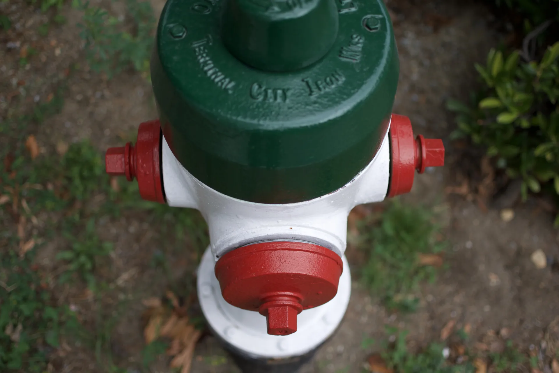 A top-down view of a fire hydrant with a dark green top, white body, and red caps pointing in three directions