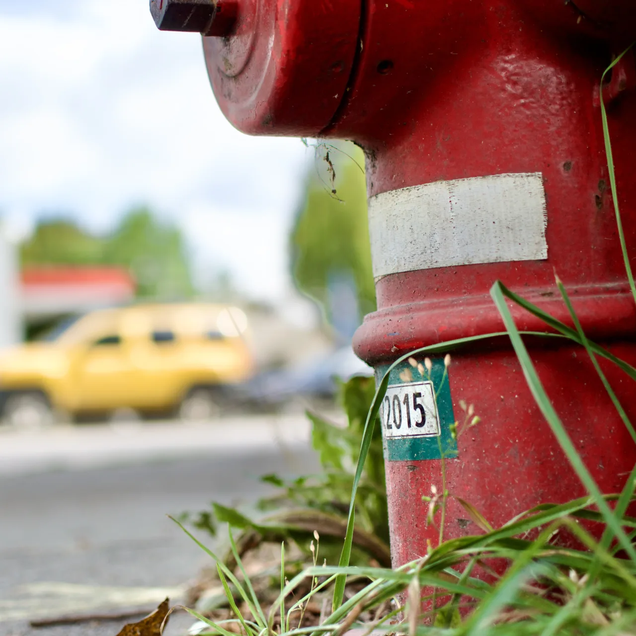 A red fire hydrant with a green-bordered ID label